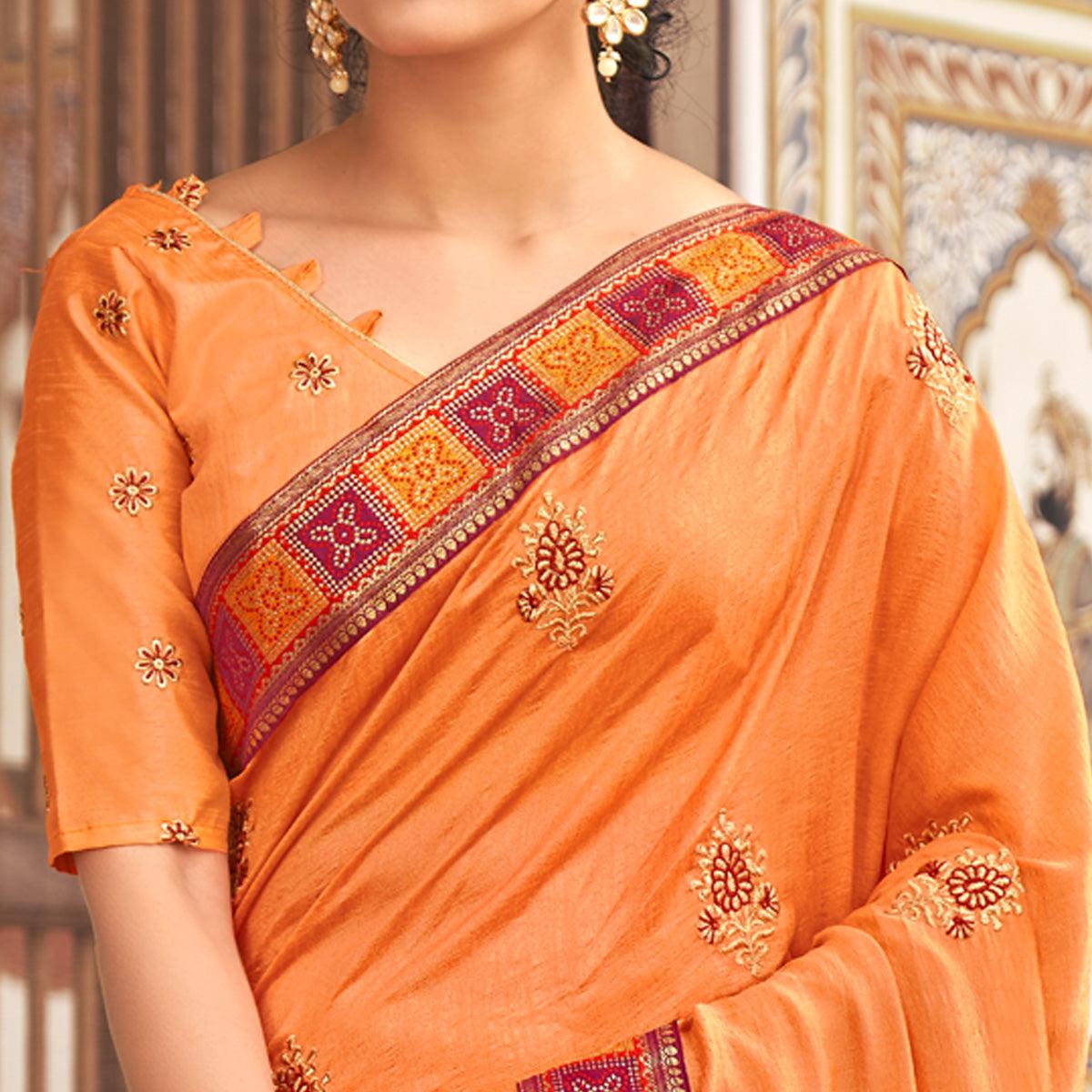 Orange Embellished With Embroidered Vichitra Silk Saree - Peachmode