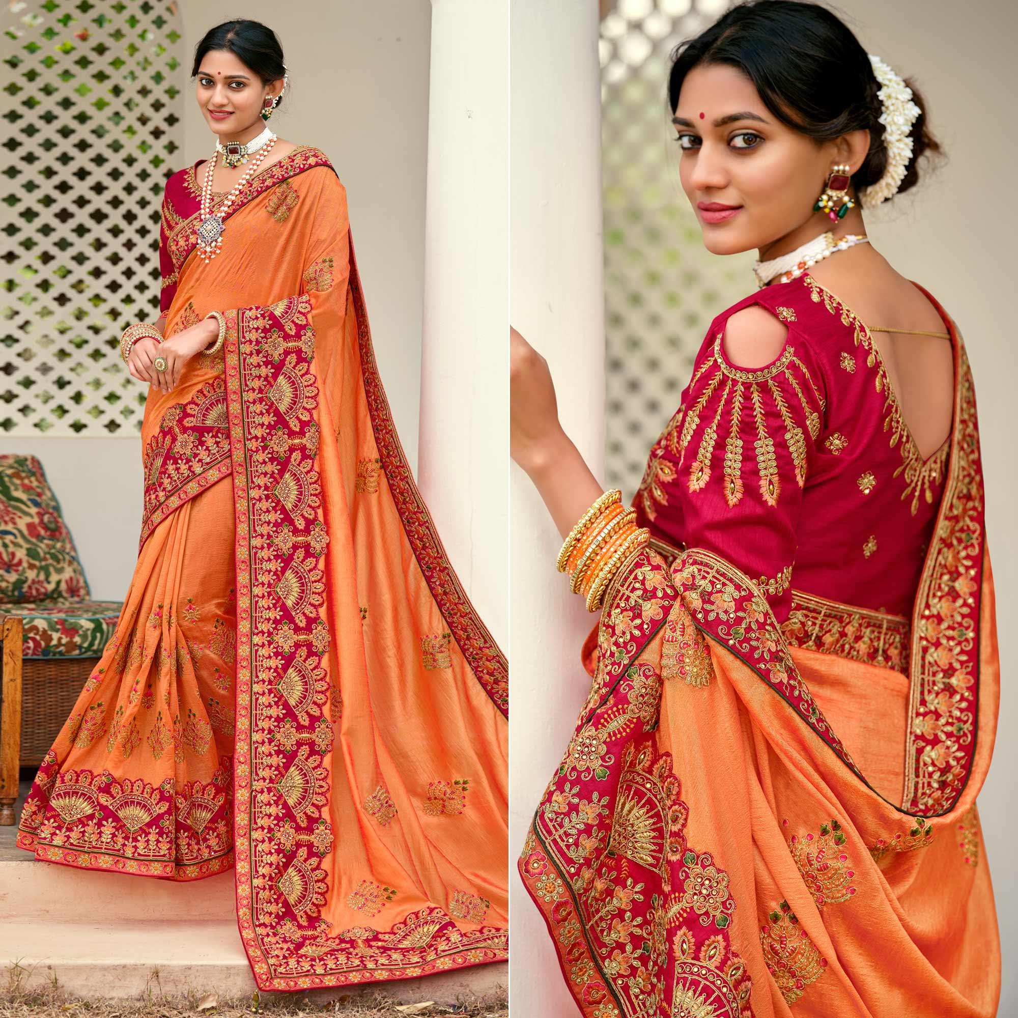 Orange Embellished With Embroidered Vichitra Silk Saree With Tassels - Peachmode