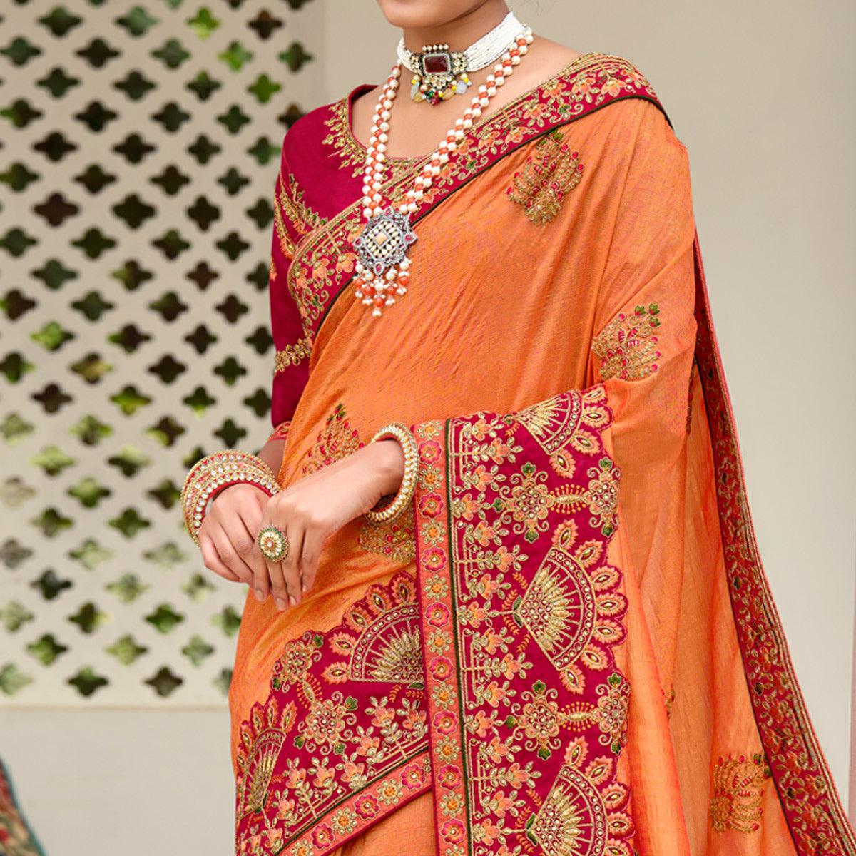 Orange Embellished With Embroidered Vichitra Silk Saree With Tassels - Peachmode