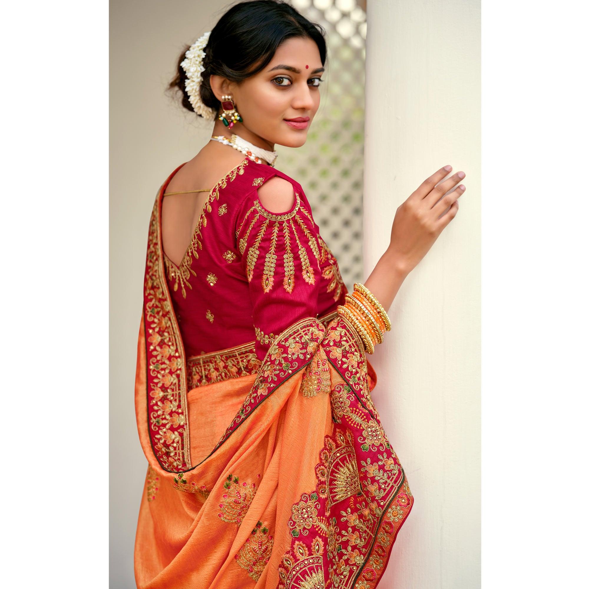 Orange Embellished With Embroidered Vichitra Silk Saree With Tassels - Peachmode