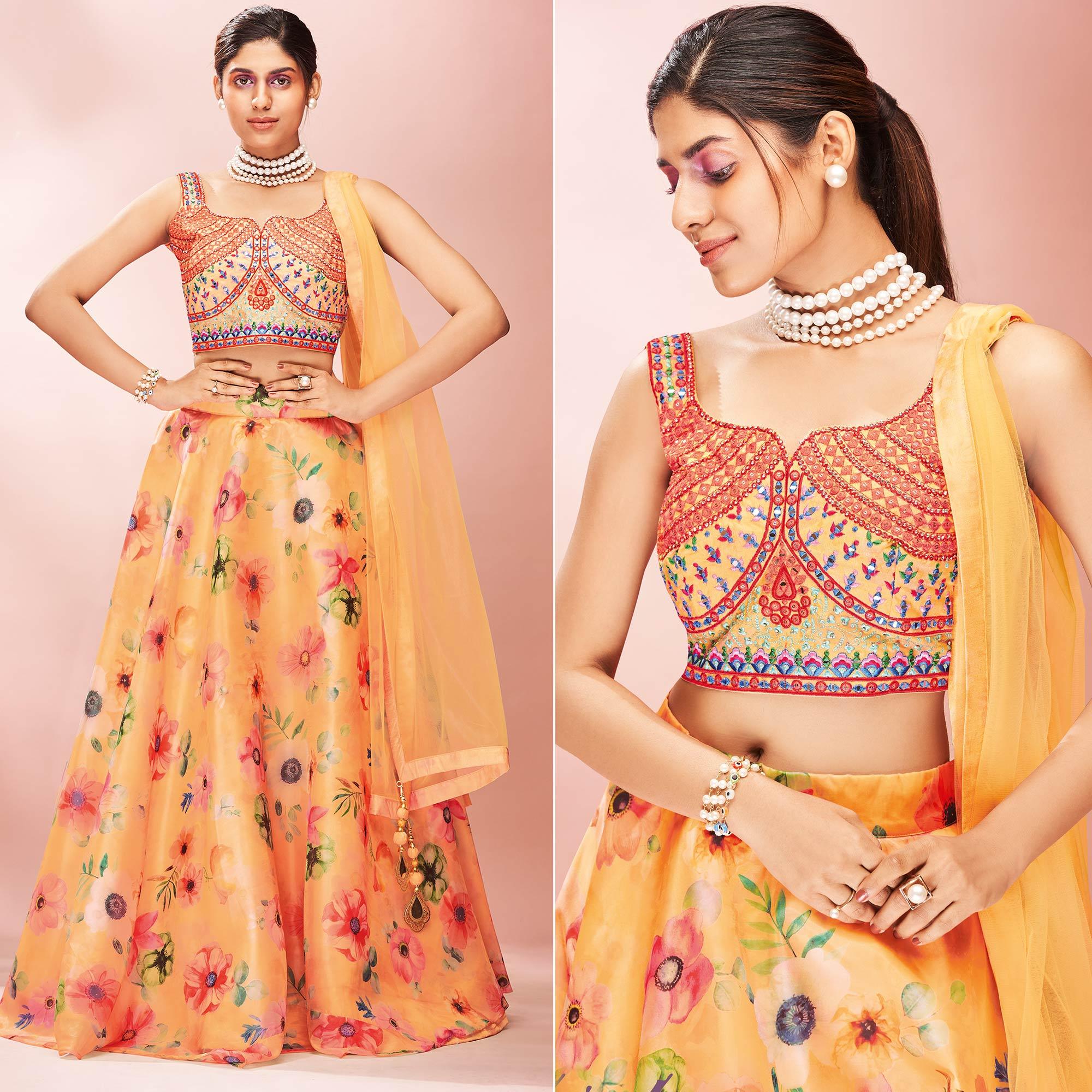 Orange Embellished With Printed Organza Lehenga Choli - Peachmode
