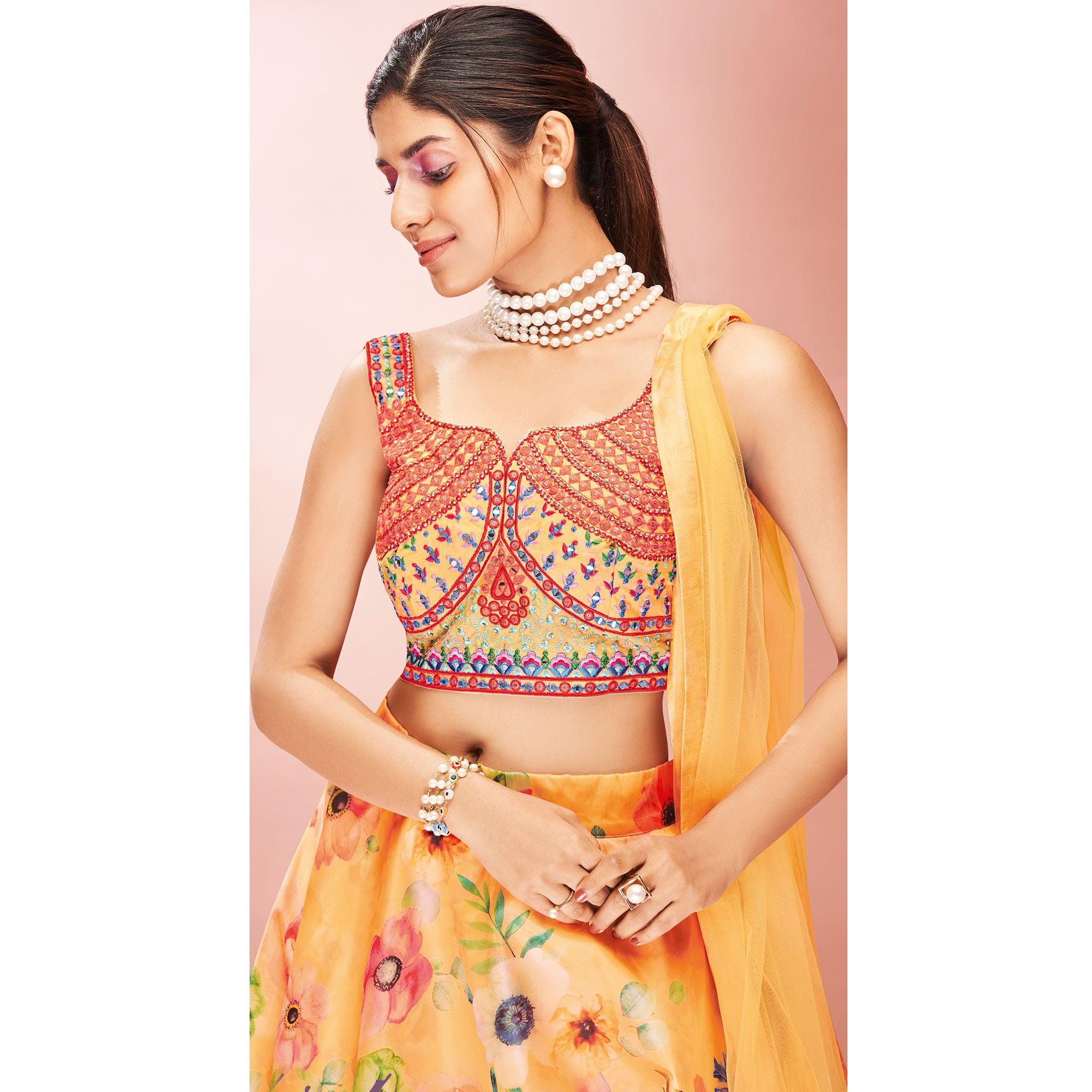Orange Embellished With Printed Organza Lehenga Choli - Peachmode