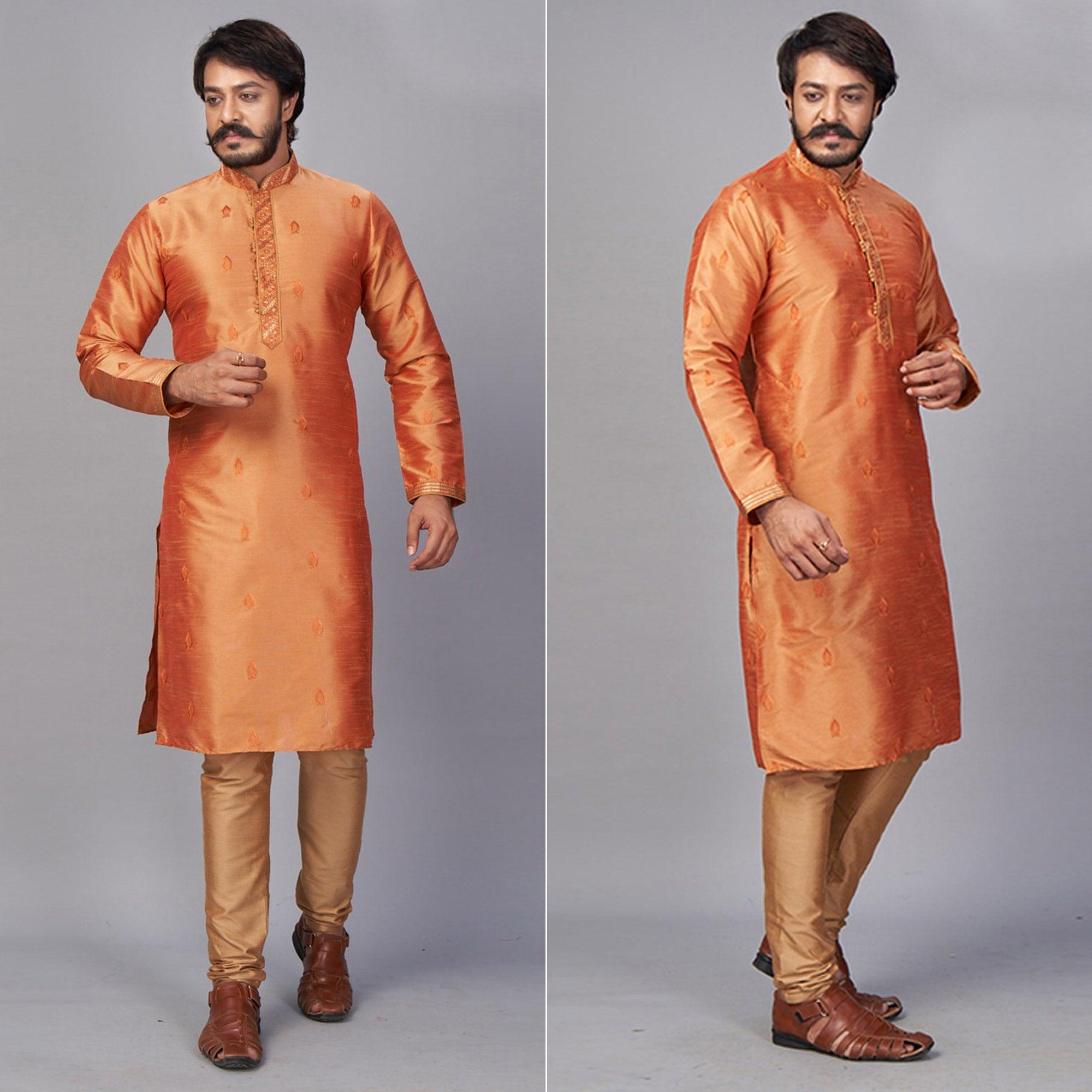 Orange Embroidered Art Silk Kurta Pyjama Set - Peachmode