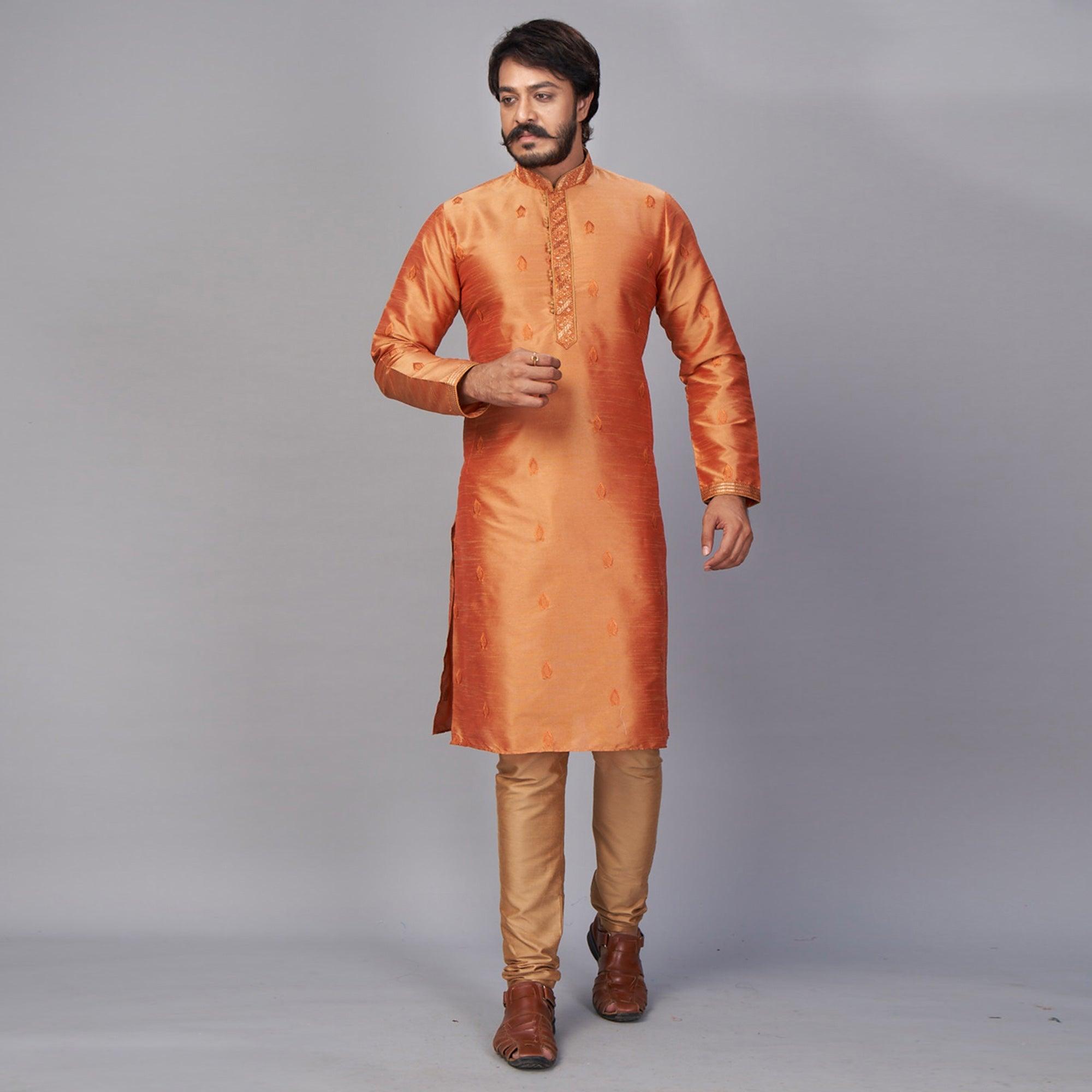 Orange Embroidered Art Silk Kurta Pyjama Set - Peachmode