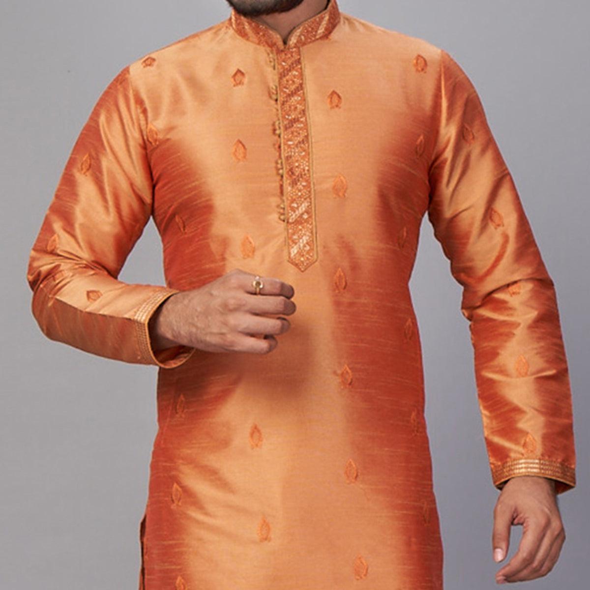 Orange Embroidered Art Silk Kurta Pyjama Set - Peachmode