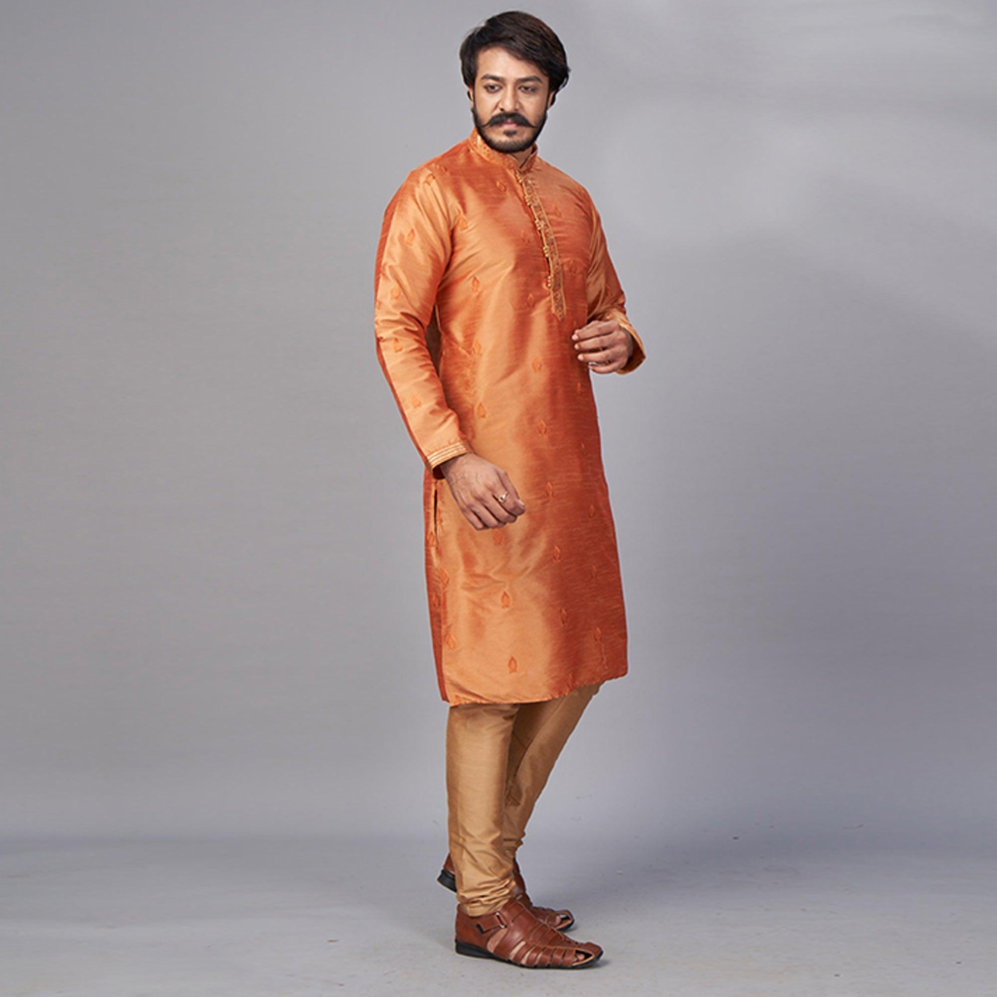 Orange Embroidered Art Silk Kurta Pyjama Set - Peachmode