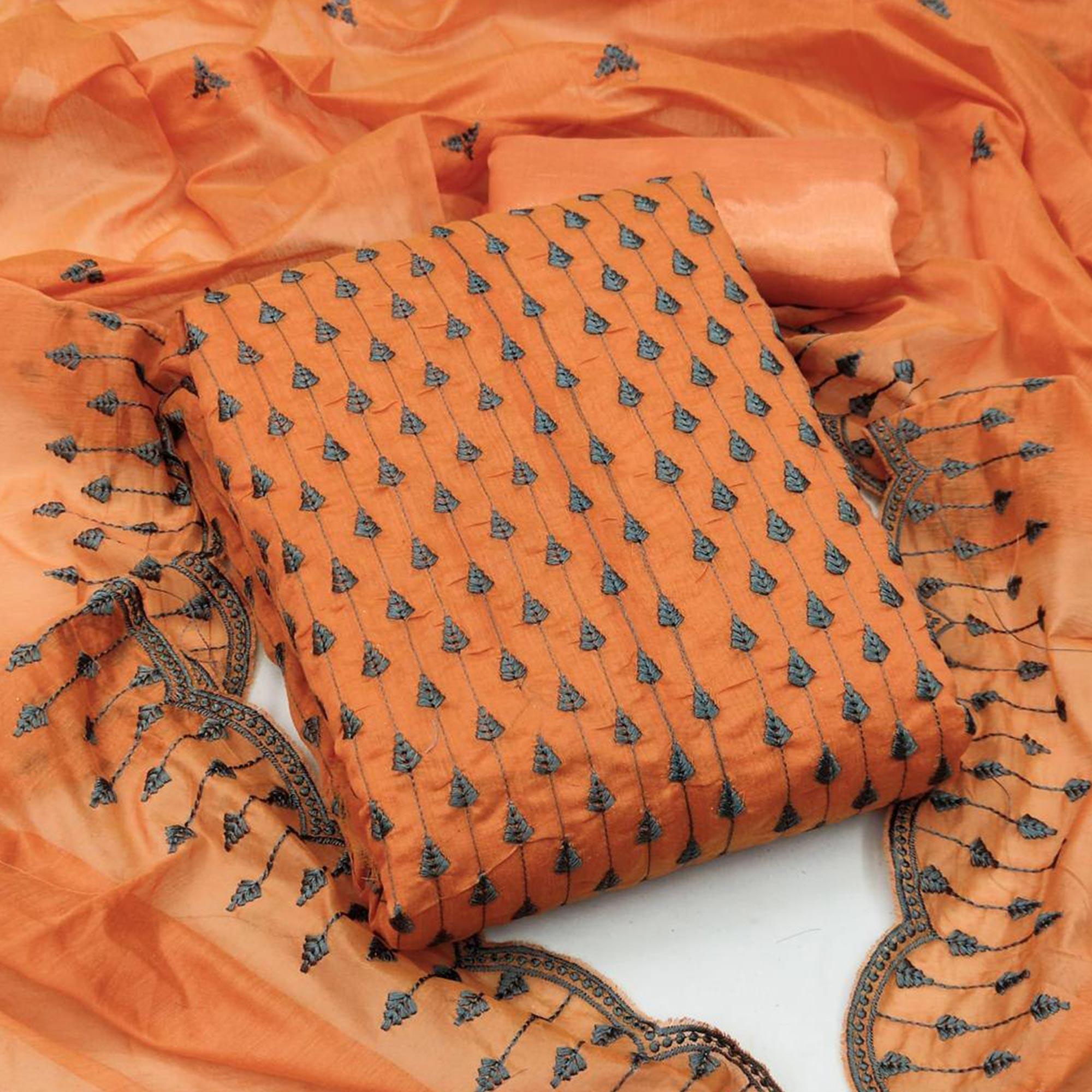 Orange Embroidered Chanderi Dress Material - Peachmode