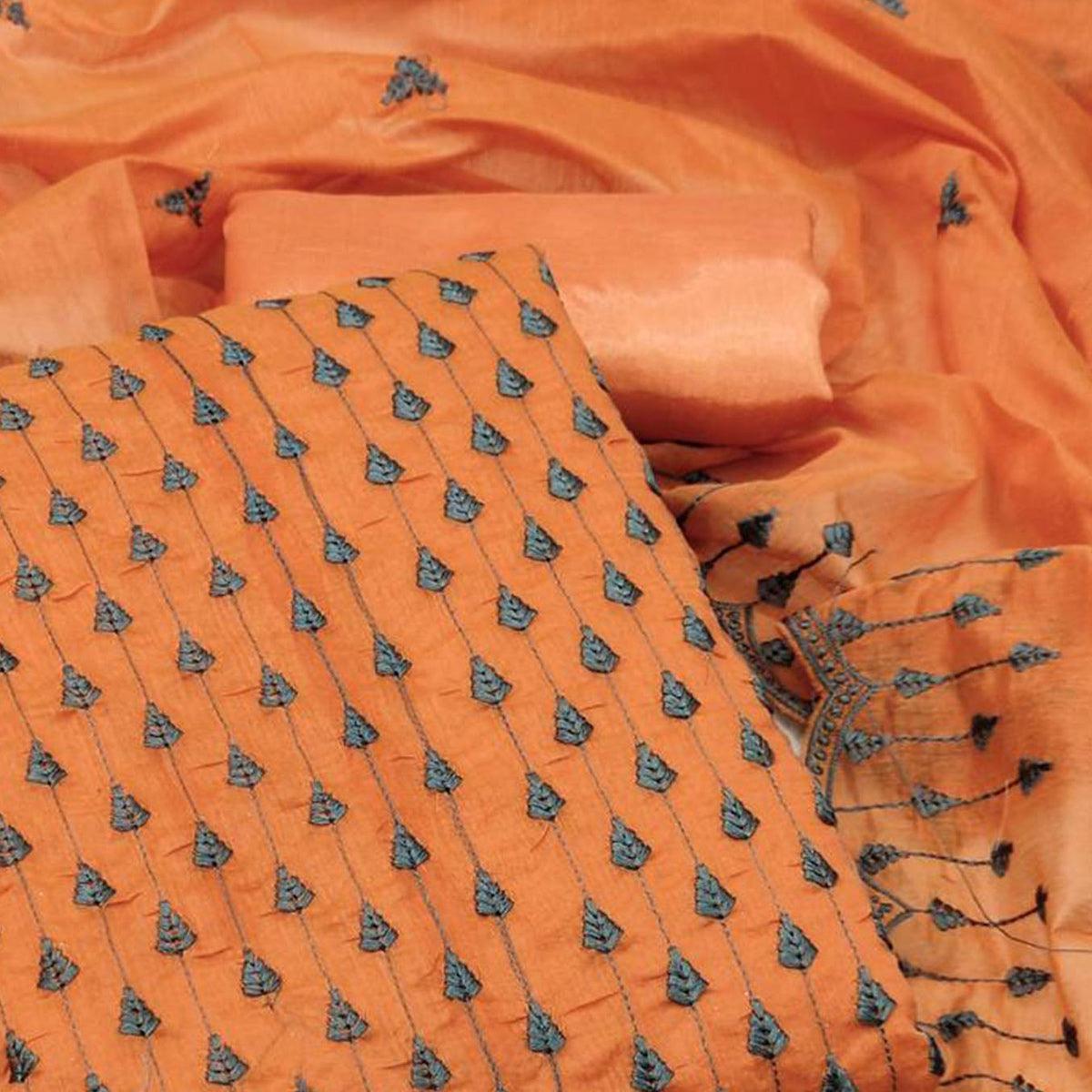 Orange Embroidered Chanderi Dress Material - Peachmode