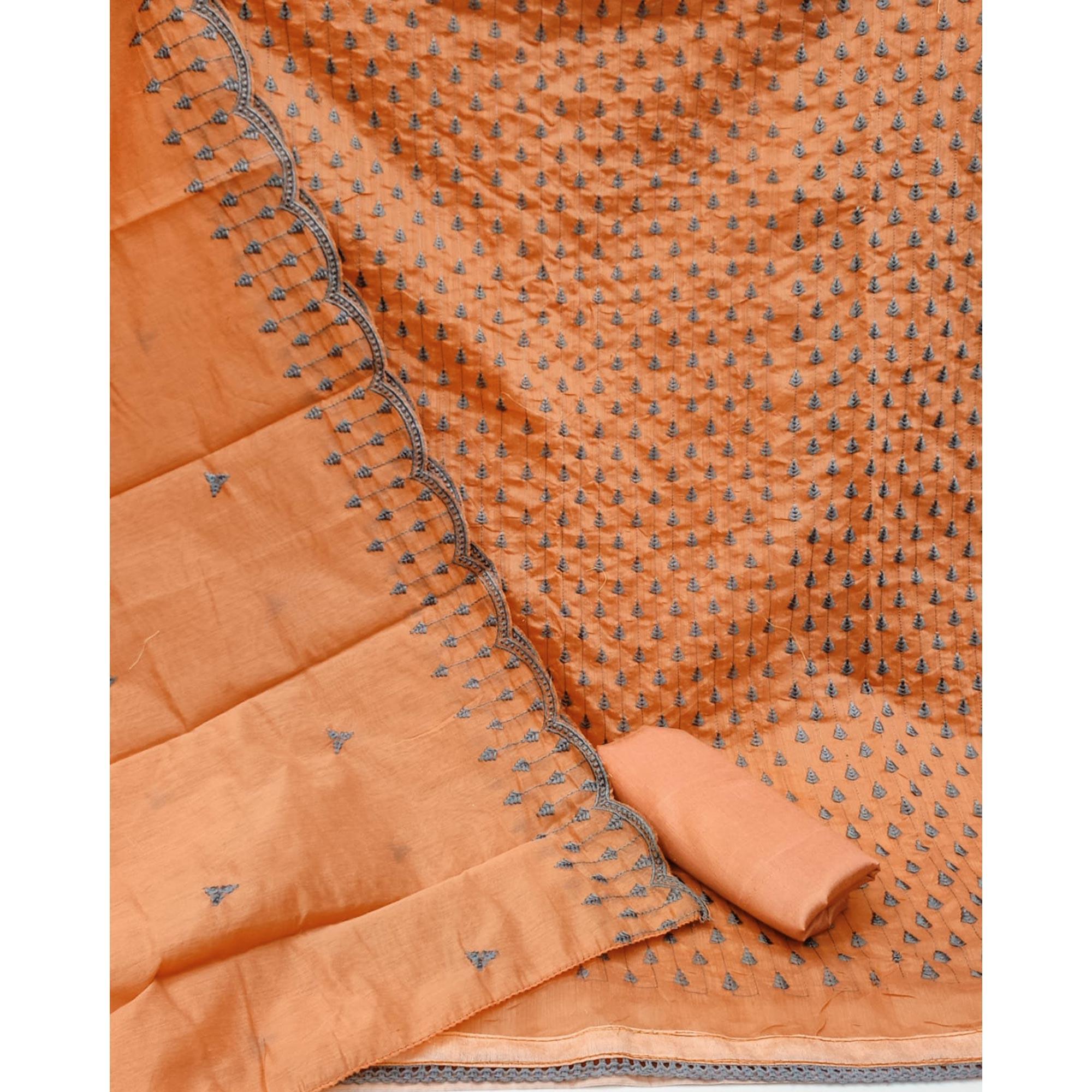 Orange Embroidered Chanderi Dress Material - Peachmode