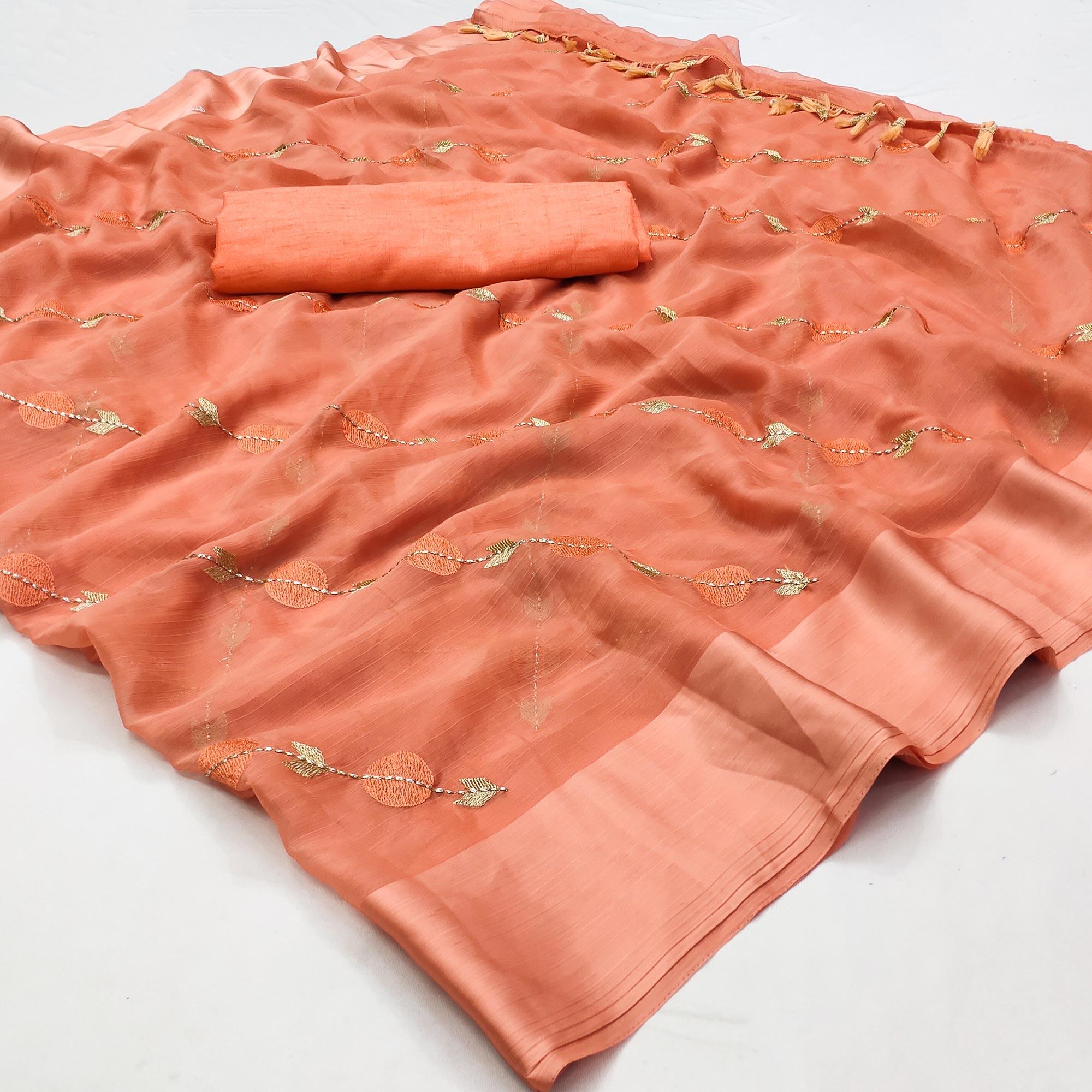 Orange Embroidered Chiffon Saree - Peachmode