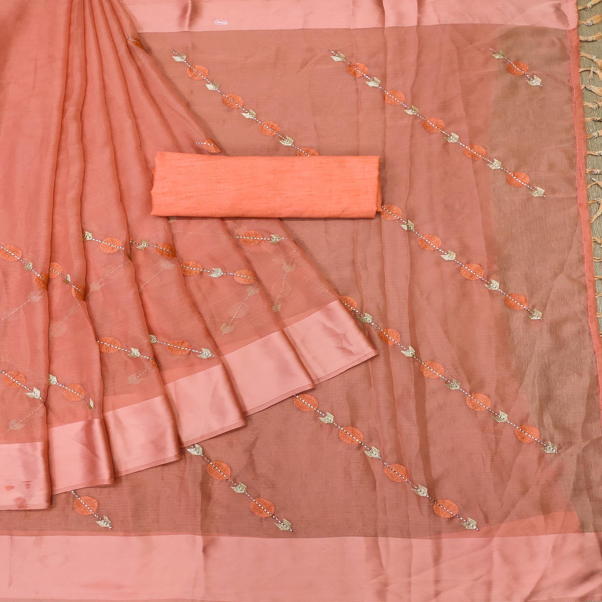 Orange Embroidered Chiffon Saree - Peachmode