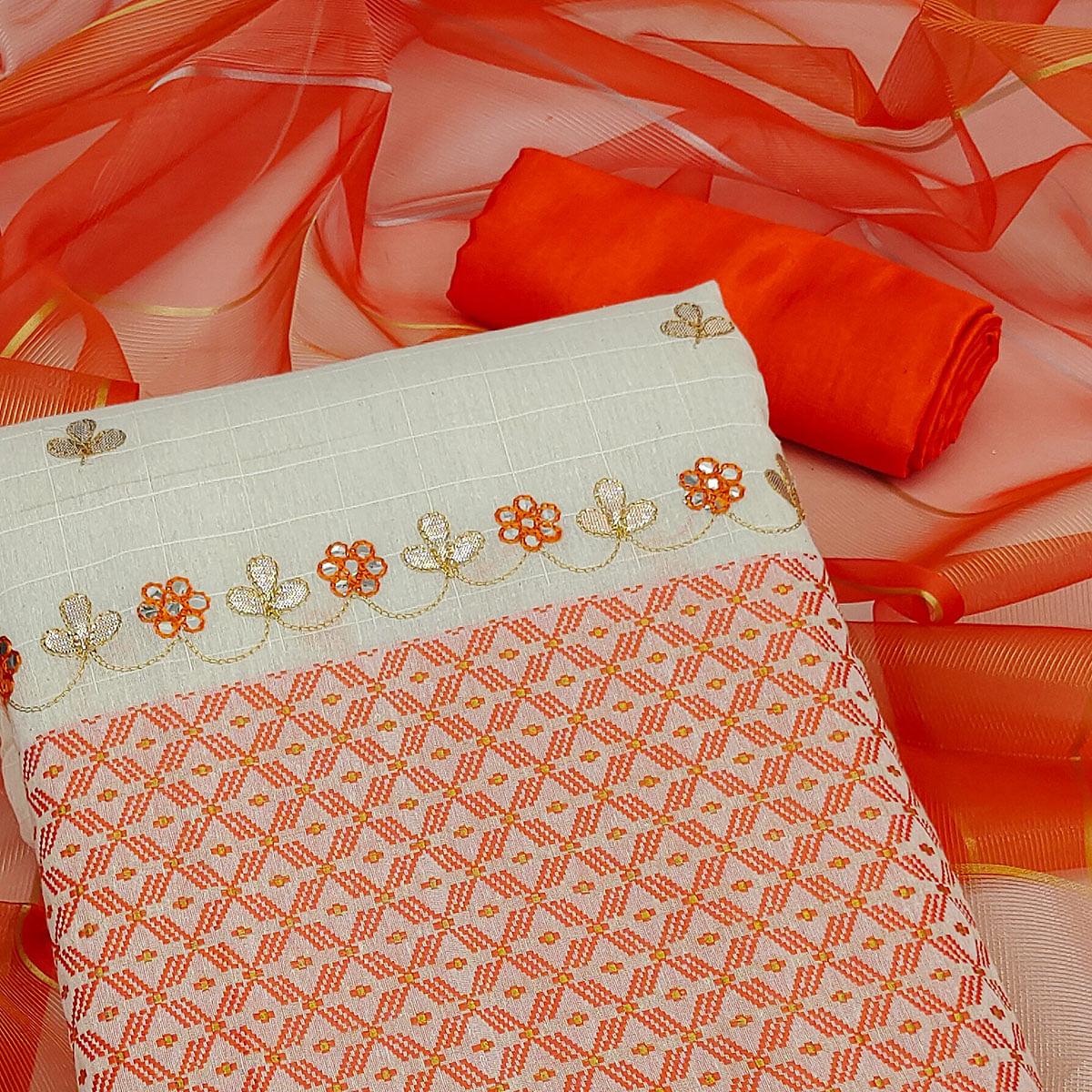 Orange Embroidered Jacquard Dress Material - Peachmode