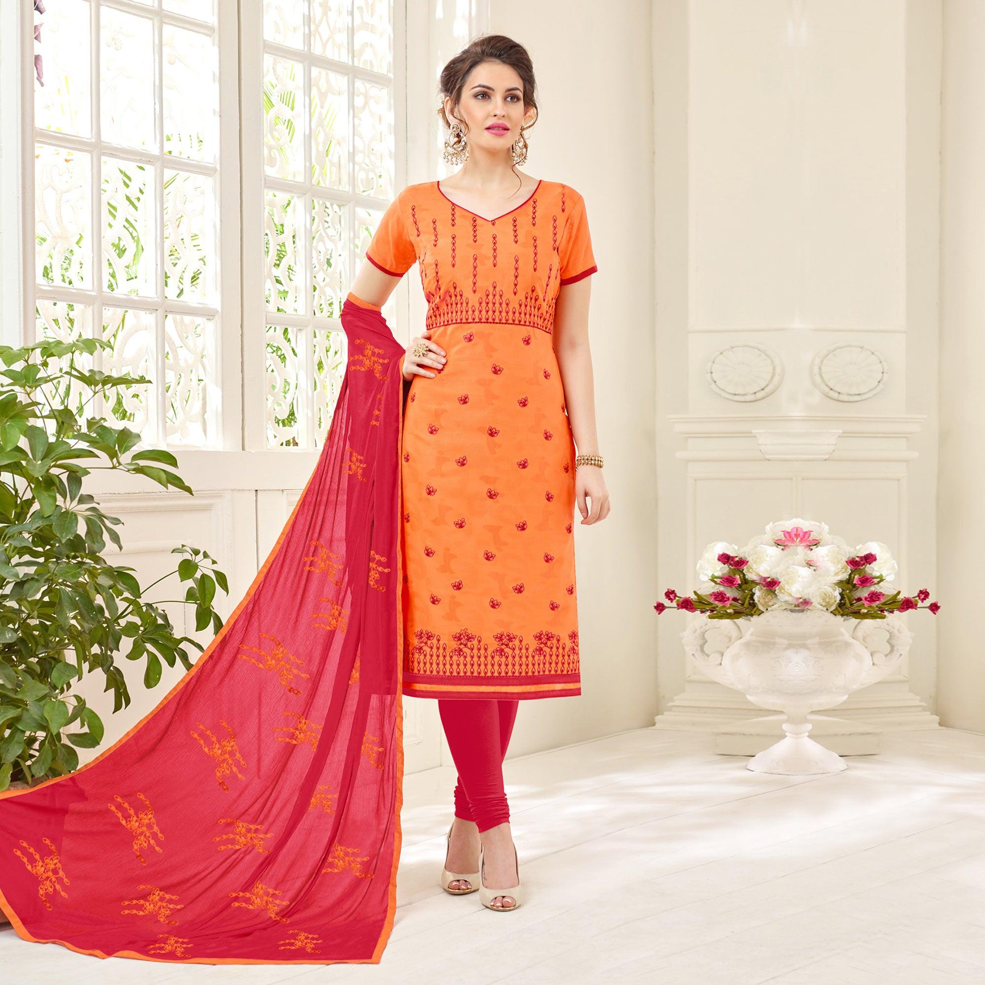 Orange Embroidered Jacquard Salwar Suit - Peachmode