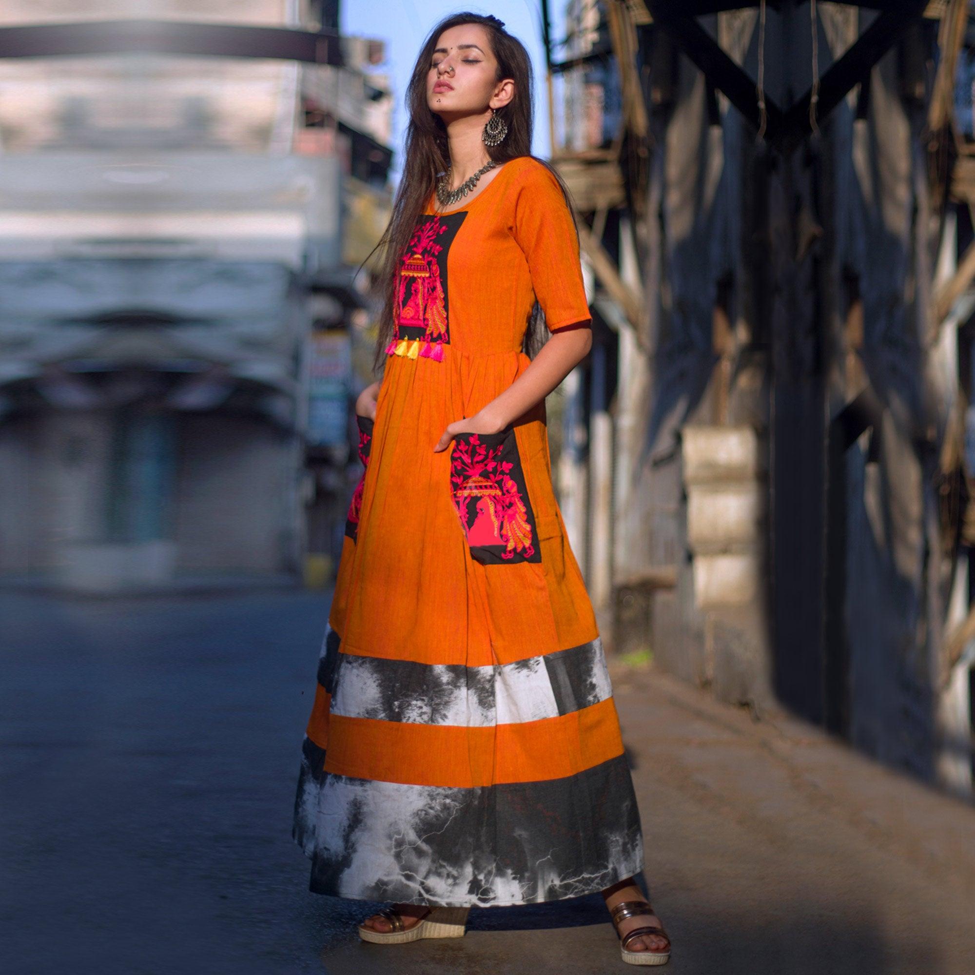 Orange  Embroidered Linen Kurti - Peachmode