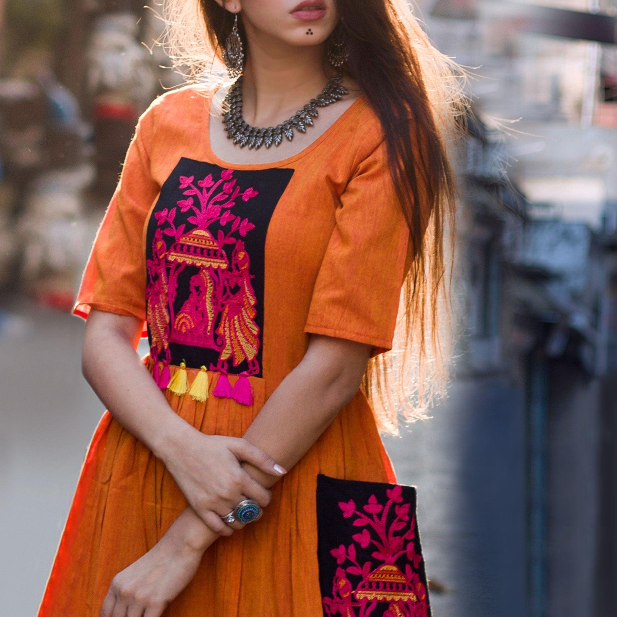 Orange  Embroidered Linen Kurti - Peachmode