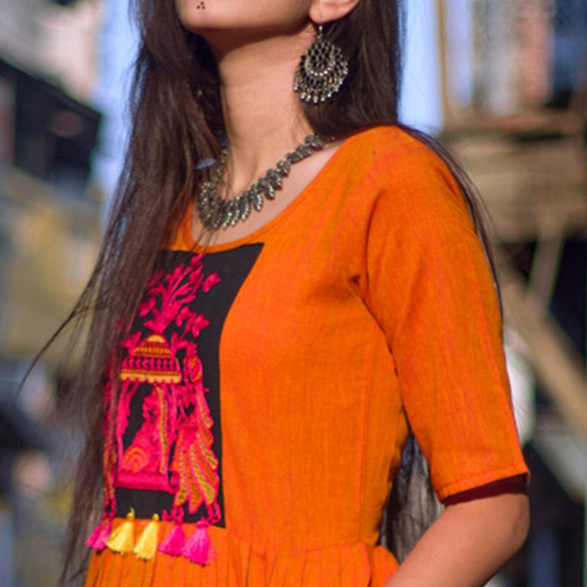 Orange  Embroidered Linen Kurti - Peachmode