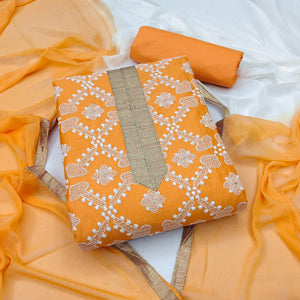 Orange Embroidered Pure Cotton Dress Material - Peachmode