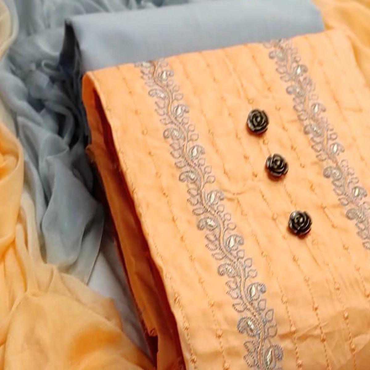 Orange Embroidered Pure Cotton Dress Material - Peachmode