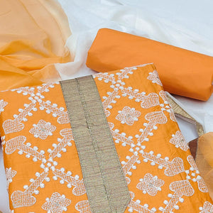 Orange Embroidered Pure Cotton Dress Material - Peachmode