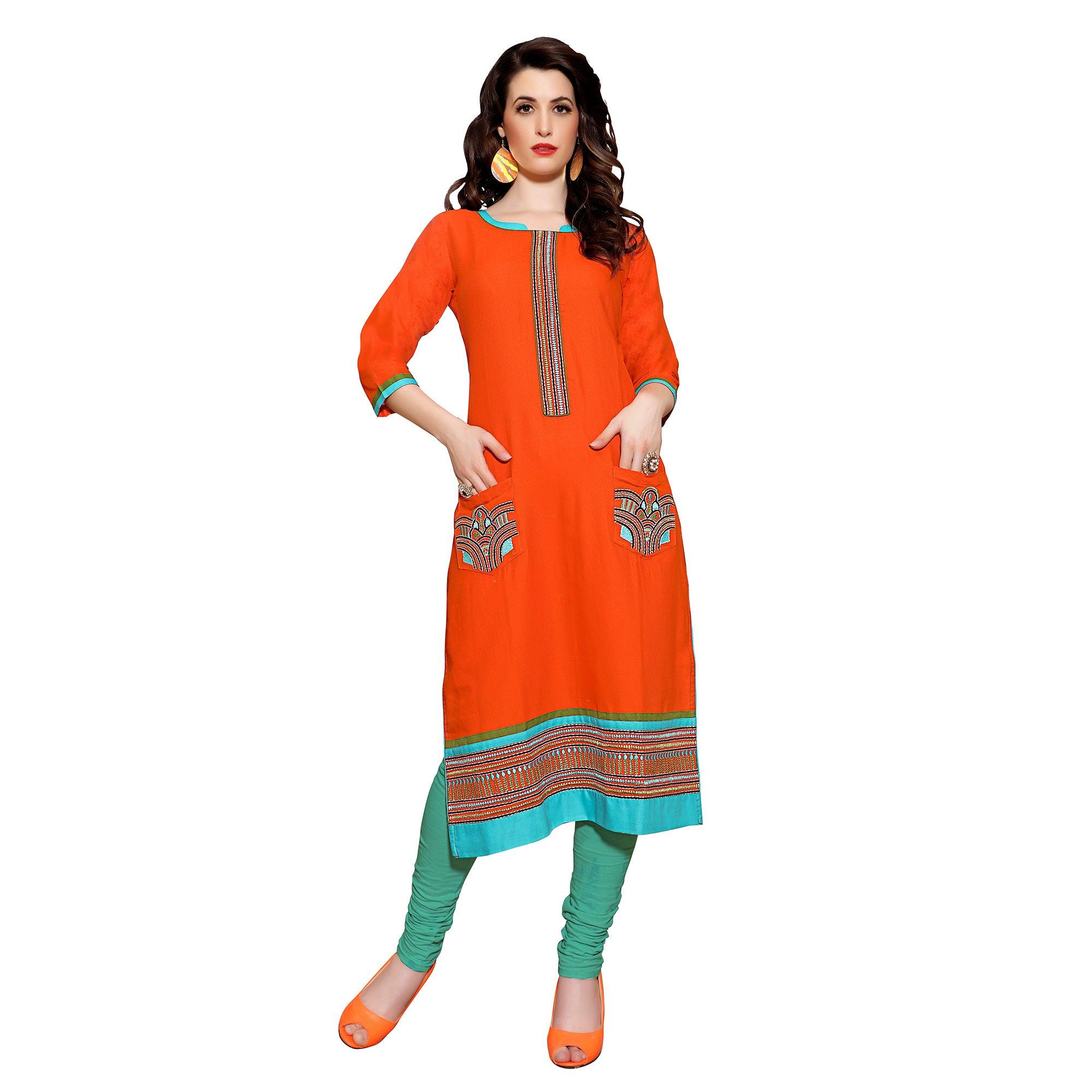 Orange Embroidered Pure Cotton Kurti With Pocket - Peachmode