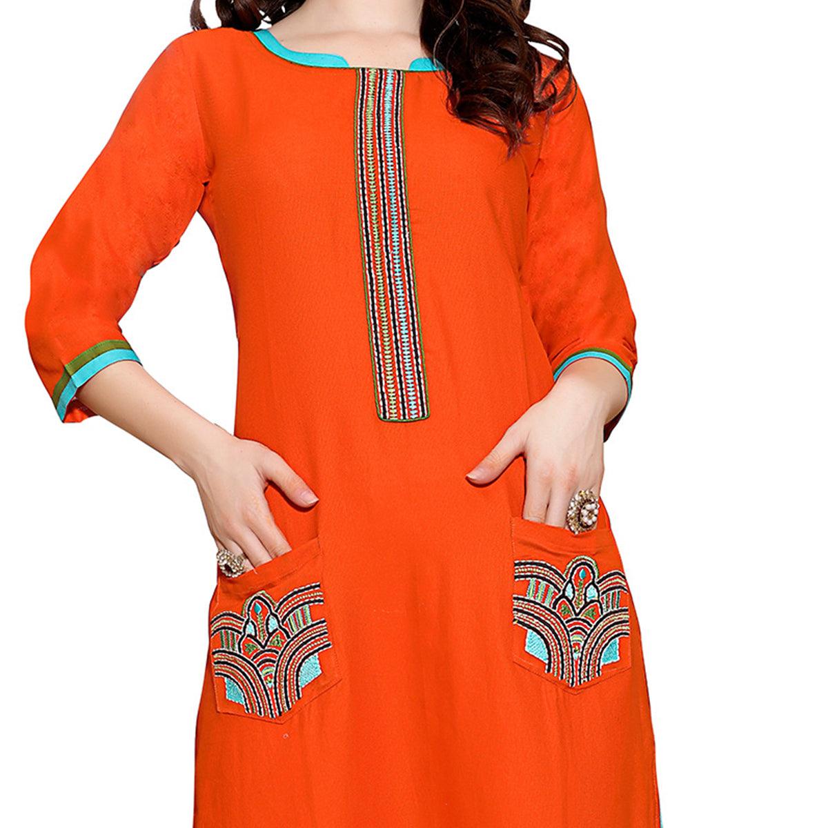 Orange Embroidered Pure Cotton Kurti With Pocket - Peachmode