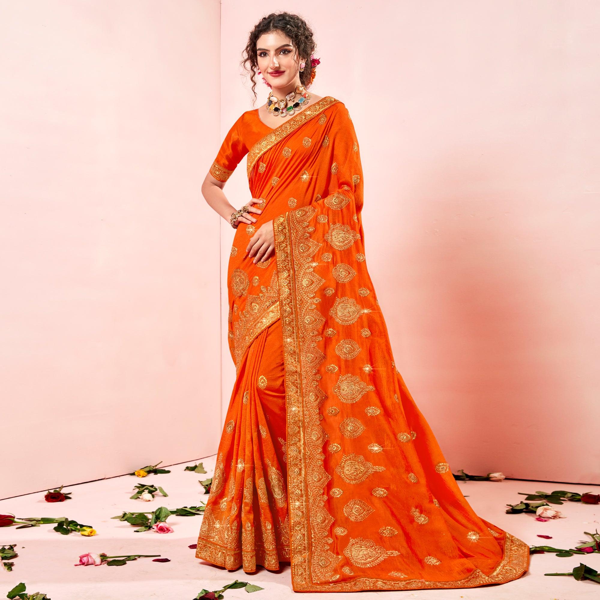Orange Embroidered Vichitra Silk Saree - Peachmode