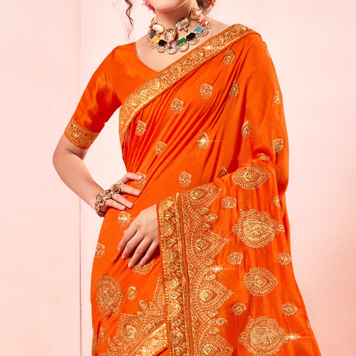 Orange Embroidered Vichitra Silk Saree - Peachmode