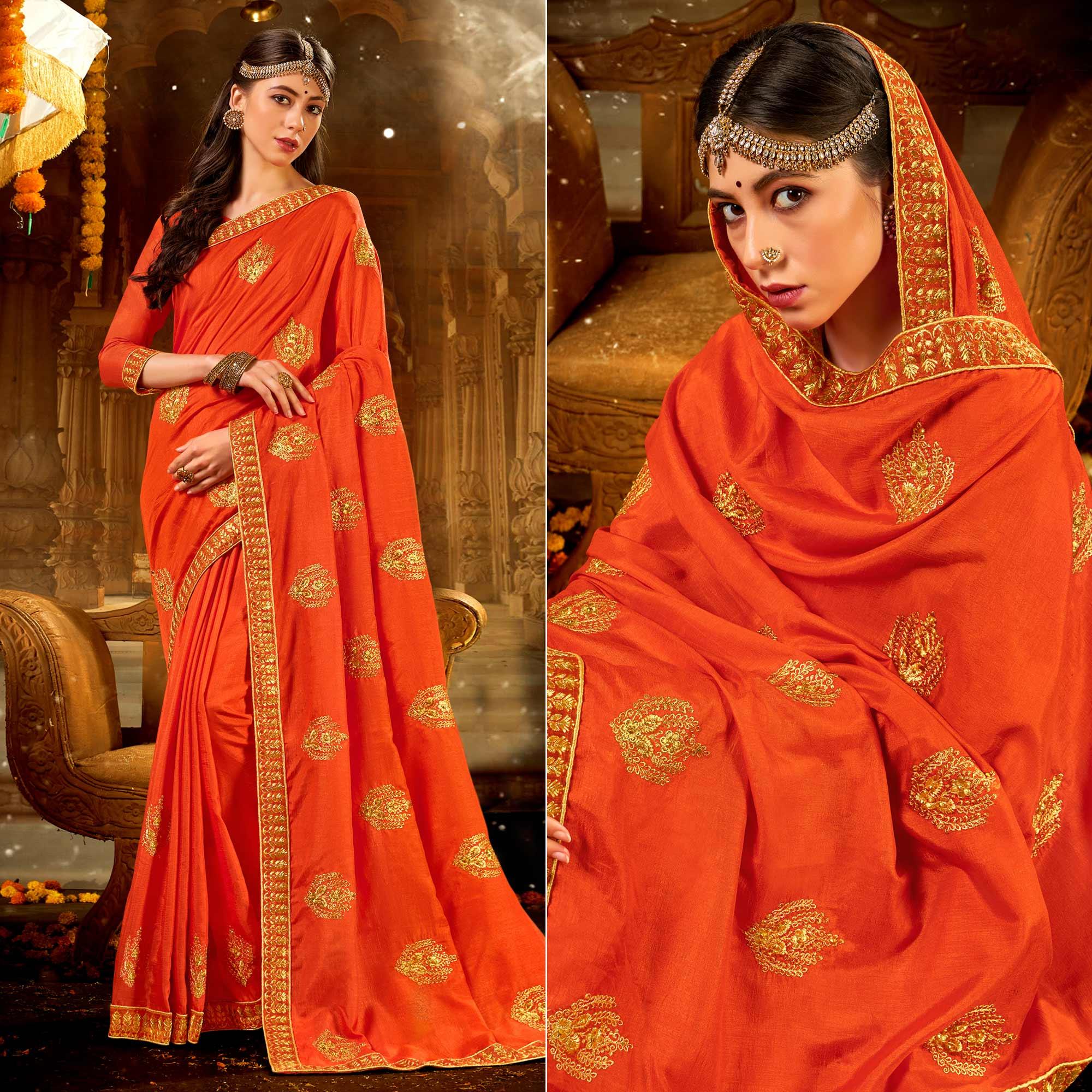 Orange Embroidered With Embellished Vichitra Silk Saree - Peachmode