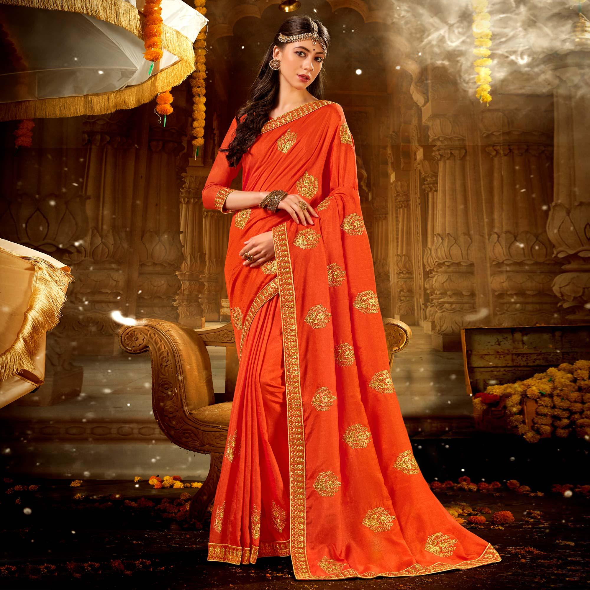 Orange Embroidered With Embellished Vichitra Silk Saree - Peachmode