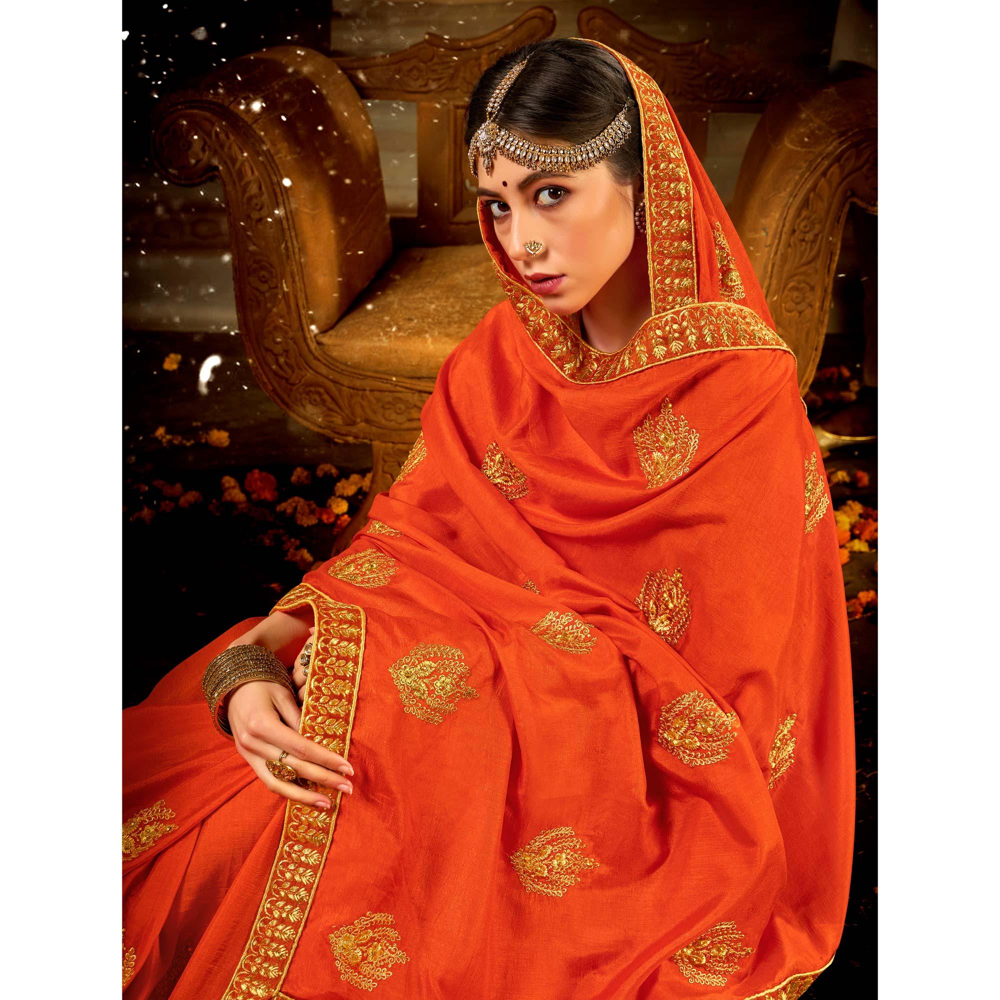 Orange Embroidered With Embellished Vichitra Silk Saree - Peachmode