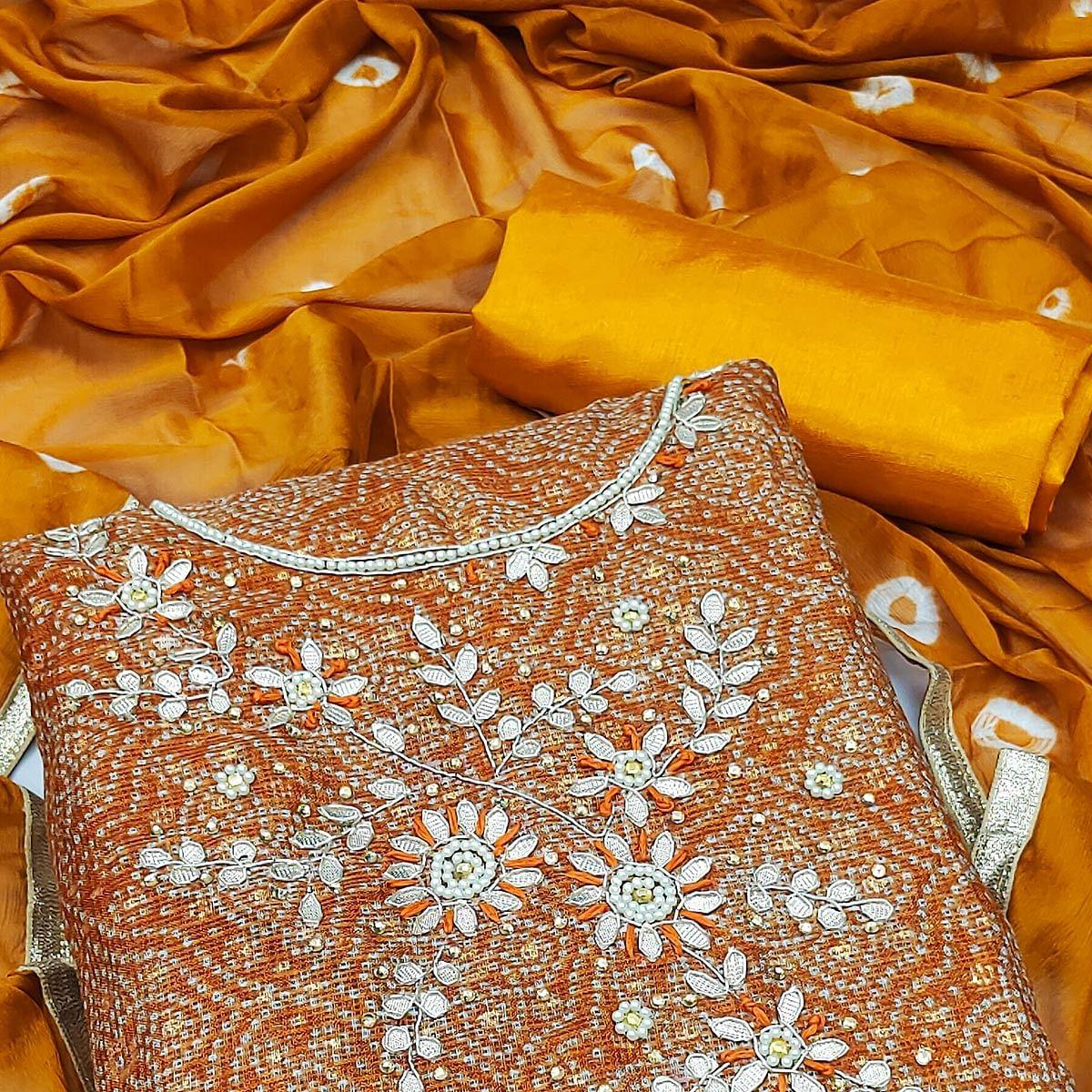 Orange Embroidered With Printed Khaadi Dress Material - Peachmode