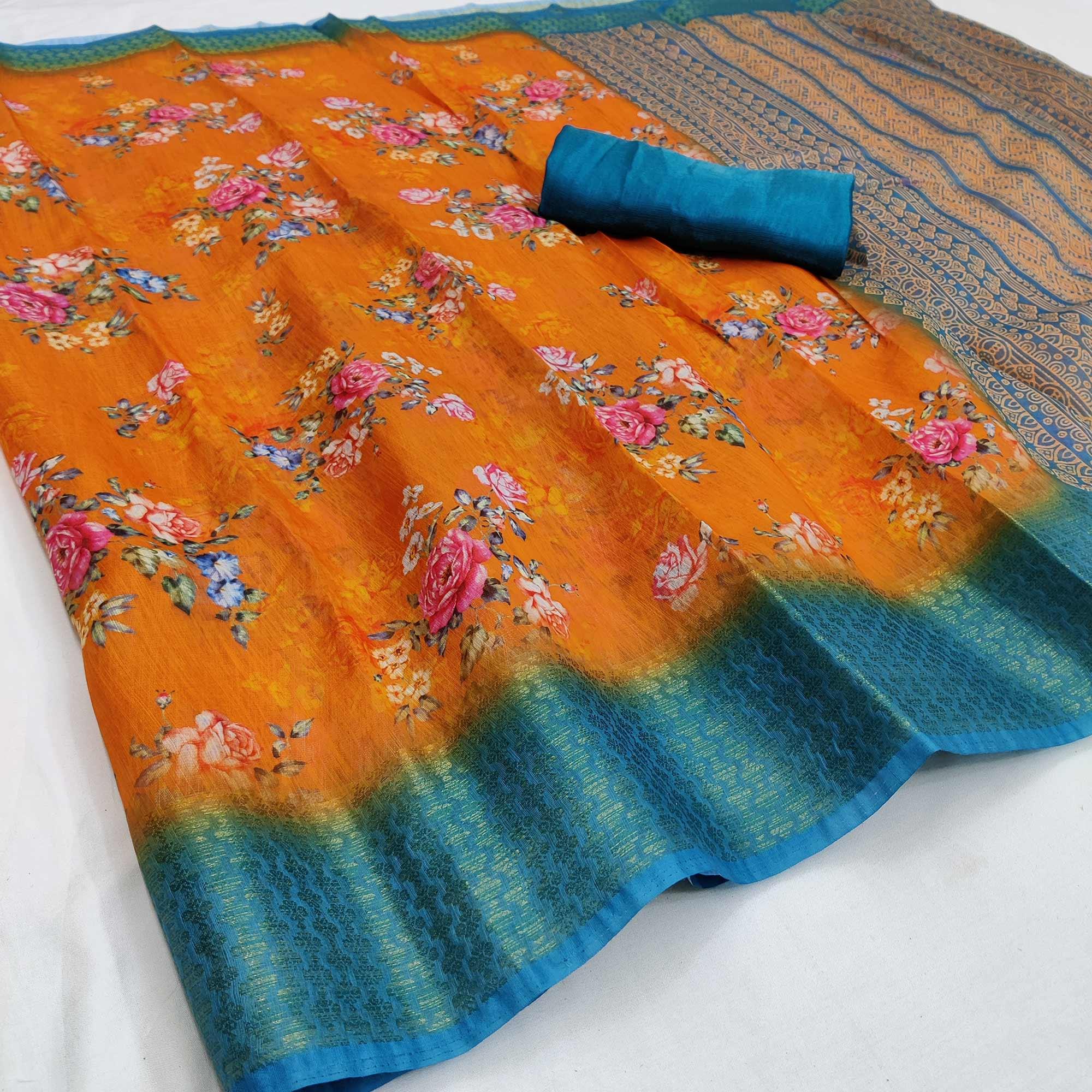 Orange-Ferozi Festive Wear Floral Digital Printed With Woven Zari Border Cotton Saree - Peachmode