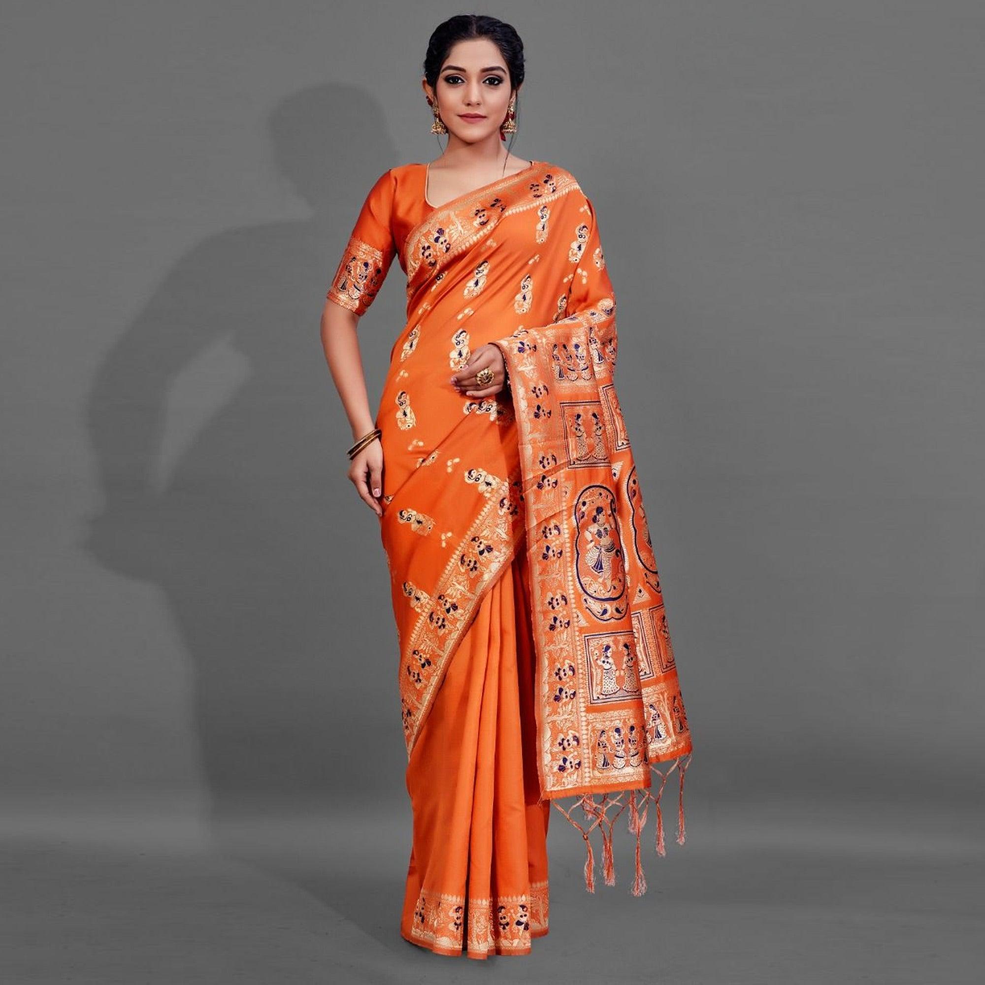 Orange Festive Art Silk Saree With Unstitched Blouse - Peachmode