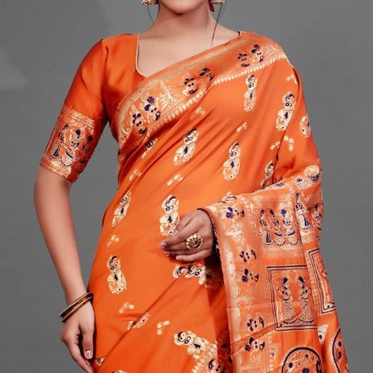 Orange Festive Art Silk Saree With Unstitched Blouse - Peachmode