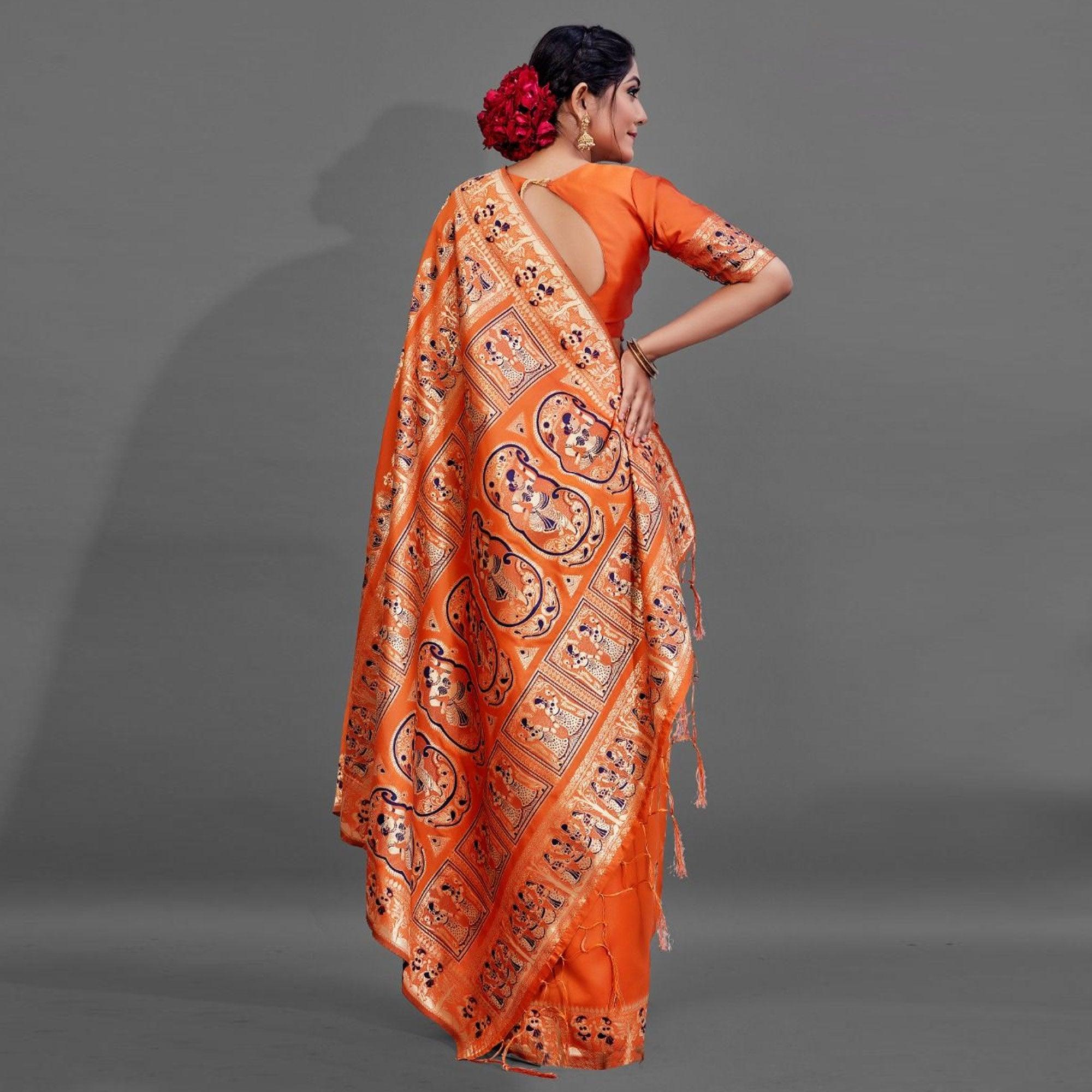 Orange Festive Art Silk Saree With Unstitched Blouse - Peachmode