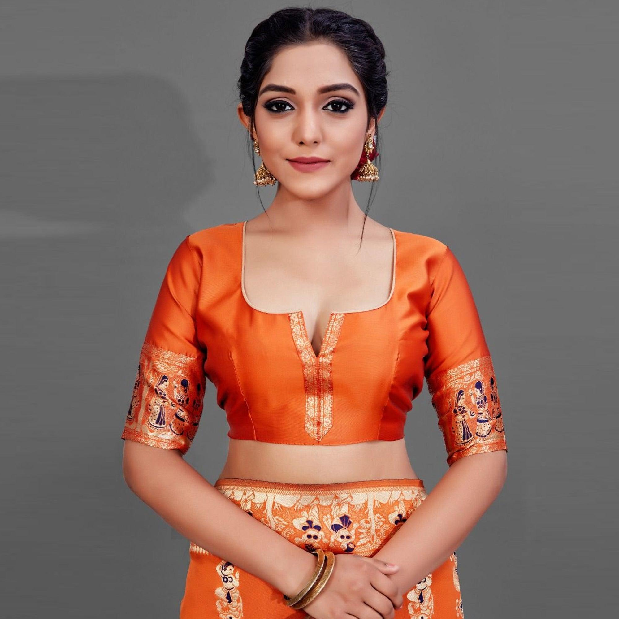 Orange Festive Art Silk Saree With Unstitched Blouse - Peachmode