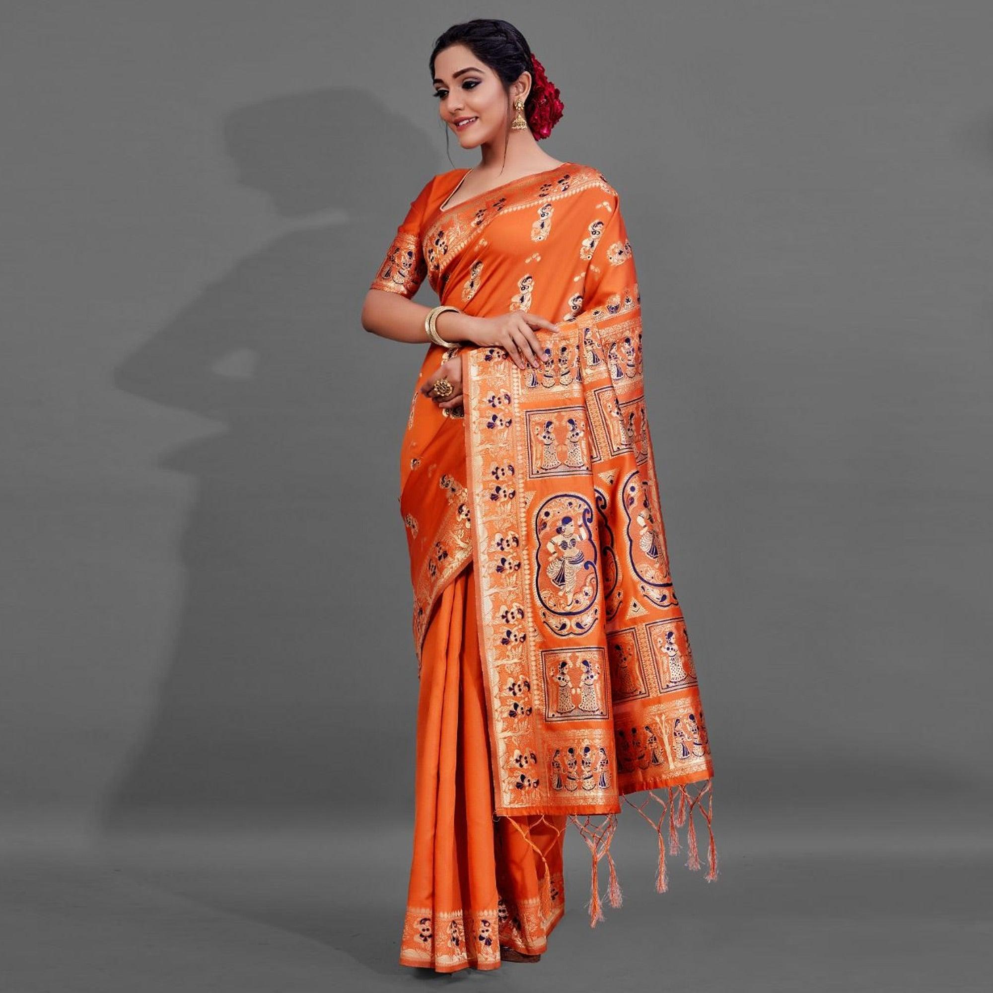Orange Festive Art Silk Saree With Unstitched Blouse - Peachmode