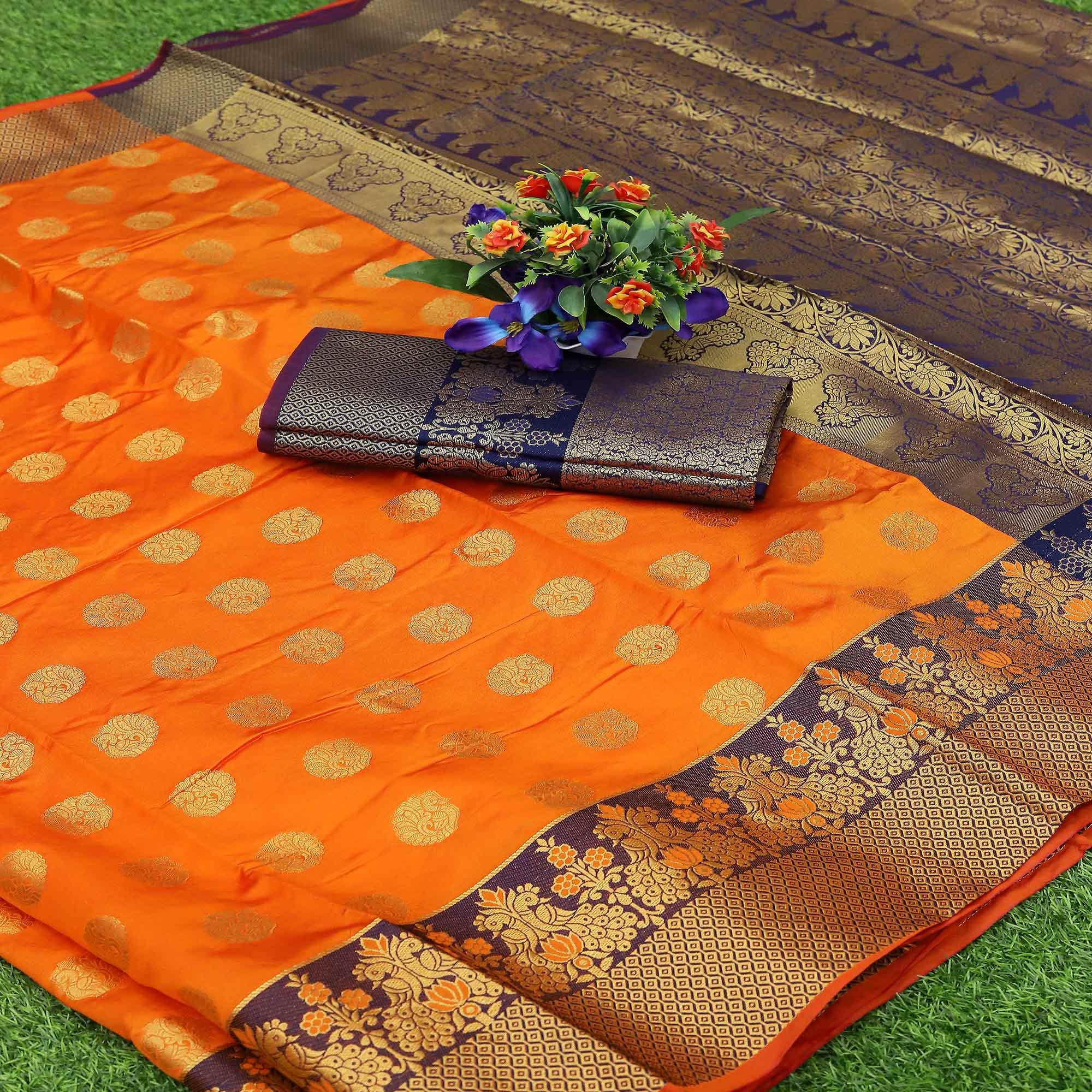 Orange Festive Embroidered Kota Banarasi Art Silk Saree - Peachmode