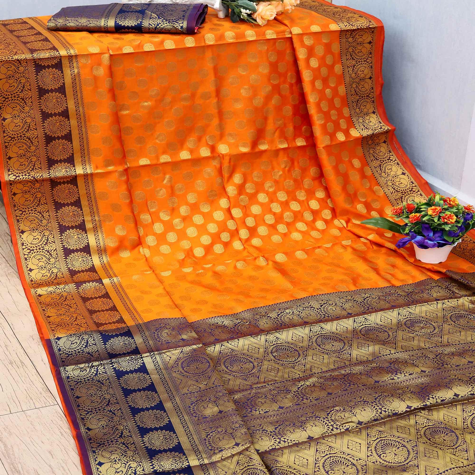 Orange Festive Embroidered Kota Banarasi Art Silk Saree - Peachmode