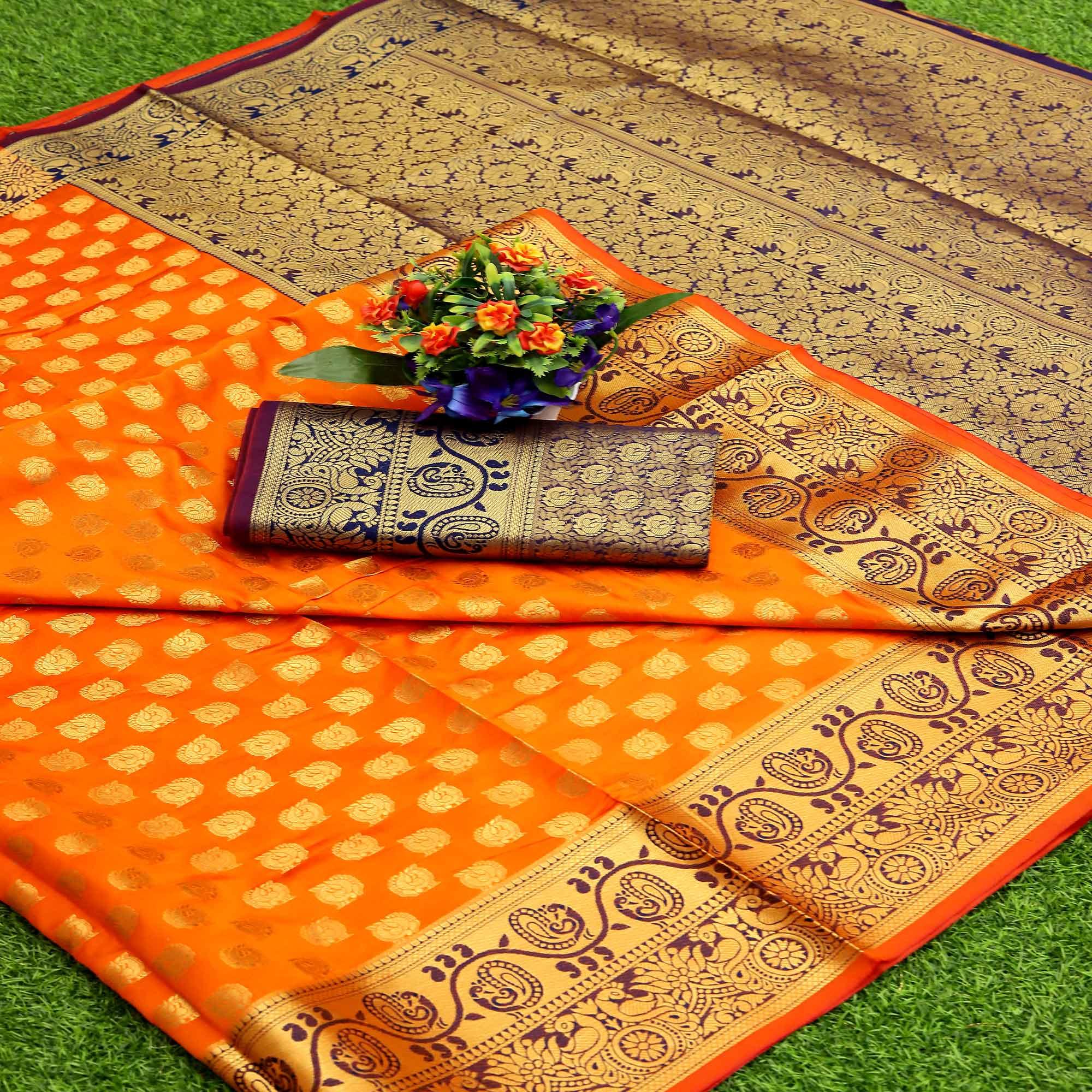 Orange Festive Embroidered Kota Banarasi Art Silk Saree - Peachmode