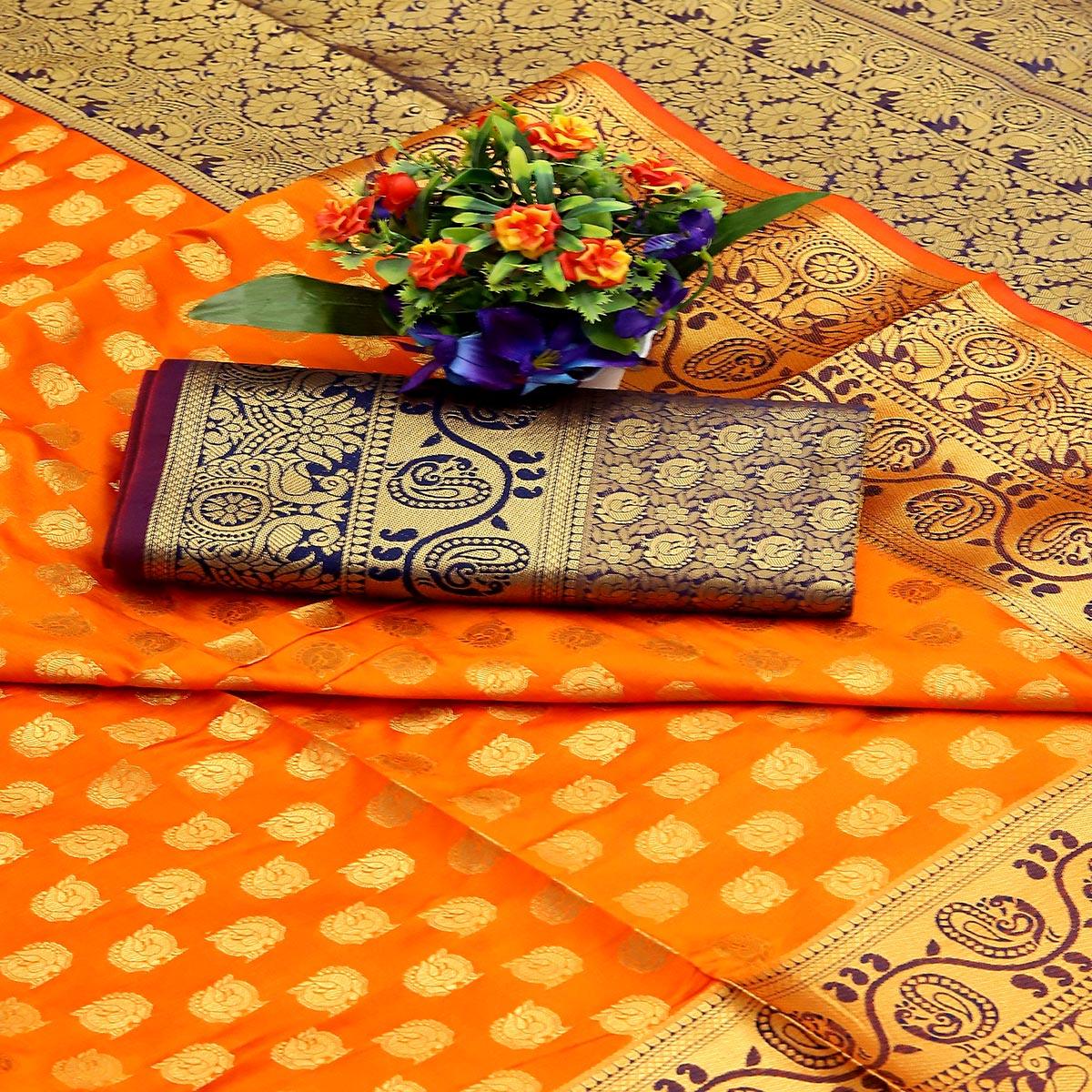 Orange Festive Embroidered Kota Banarasi Art Silk Saree - Peachmode