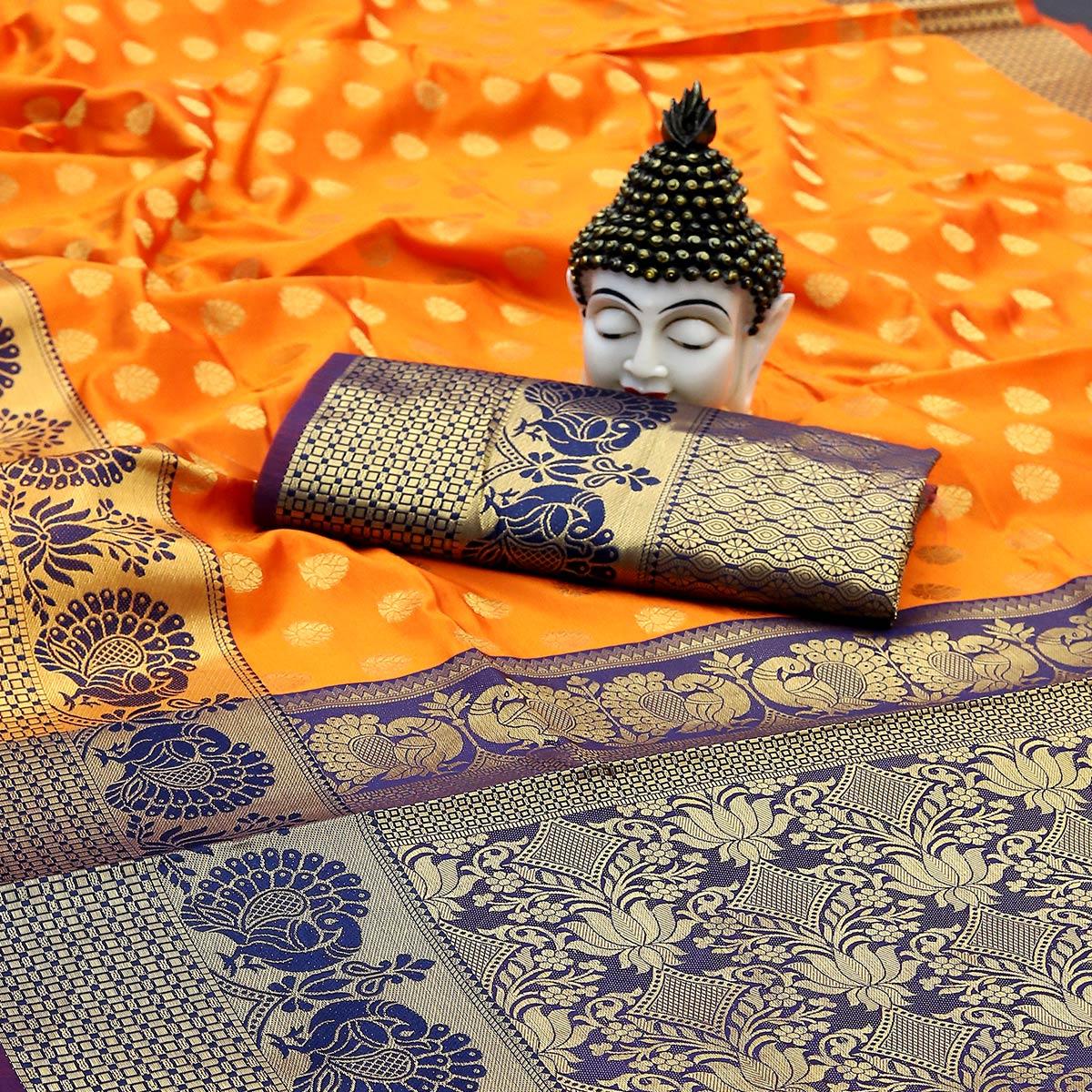 Orange Festive Embroidered Kota Banarasi Art Silk Saree - Peachmode