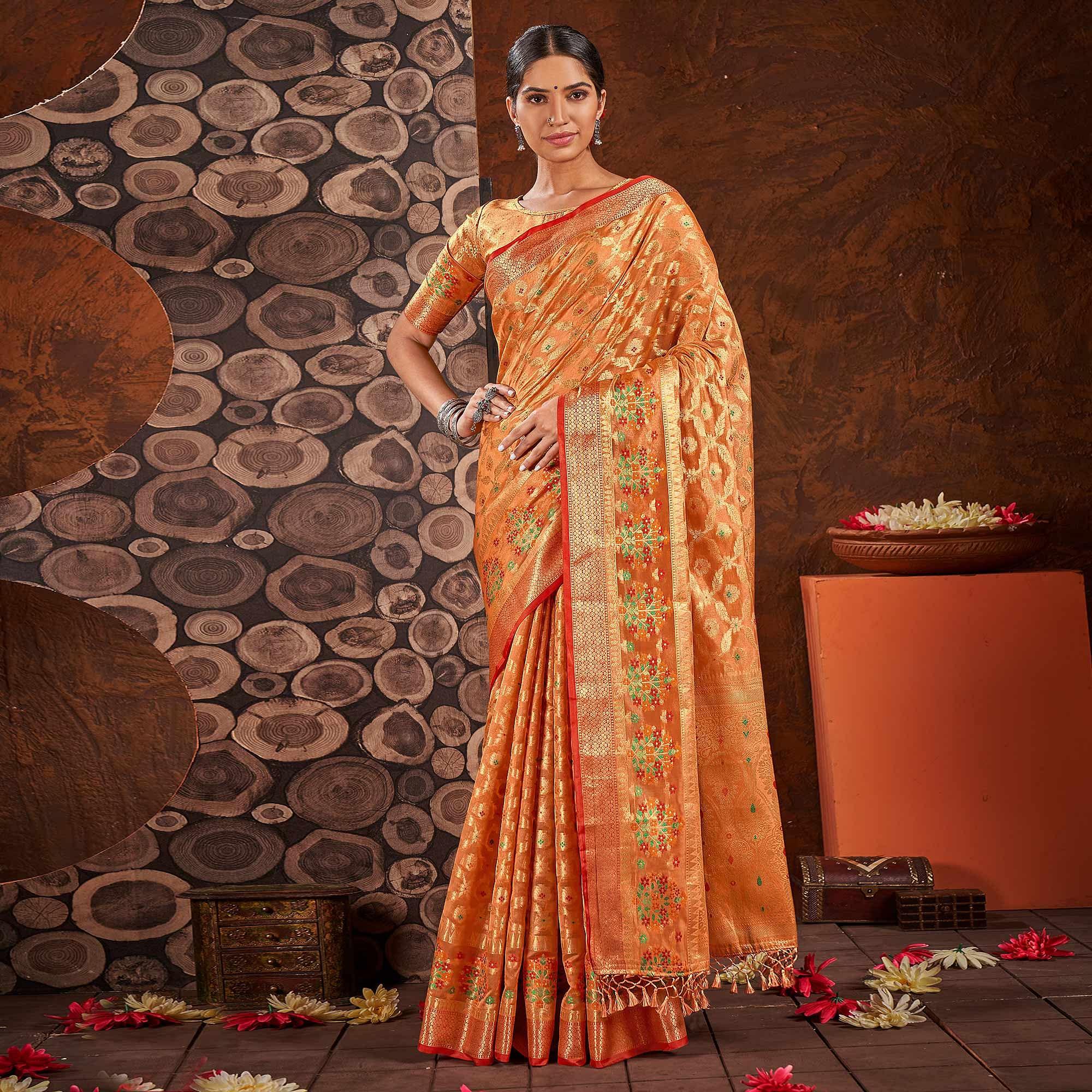 Orange Festive Wear Banarasi Woven Organza Saree - Peachmode