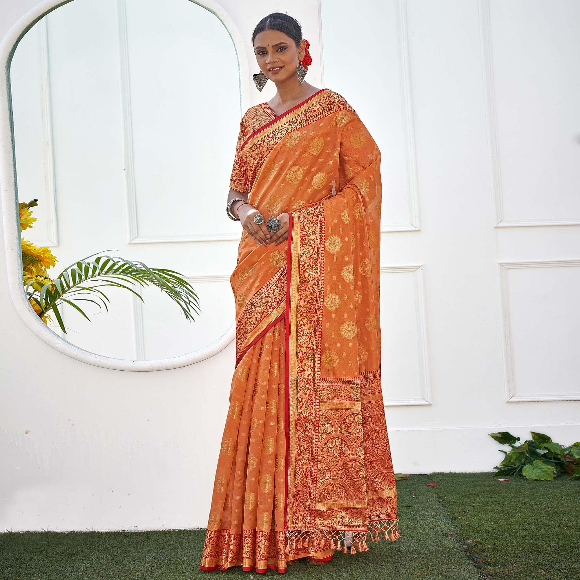 Orange Festive Wear Banarasi Woven Organza Saree With Tassels - Peachmode