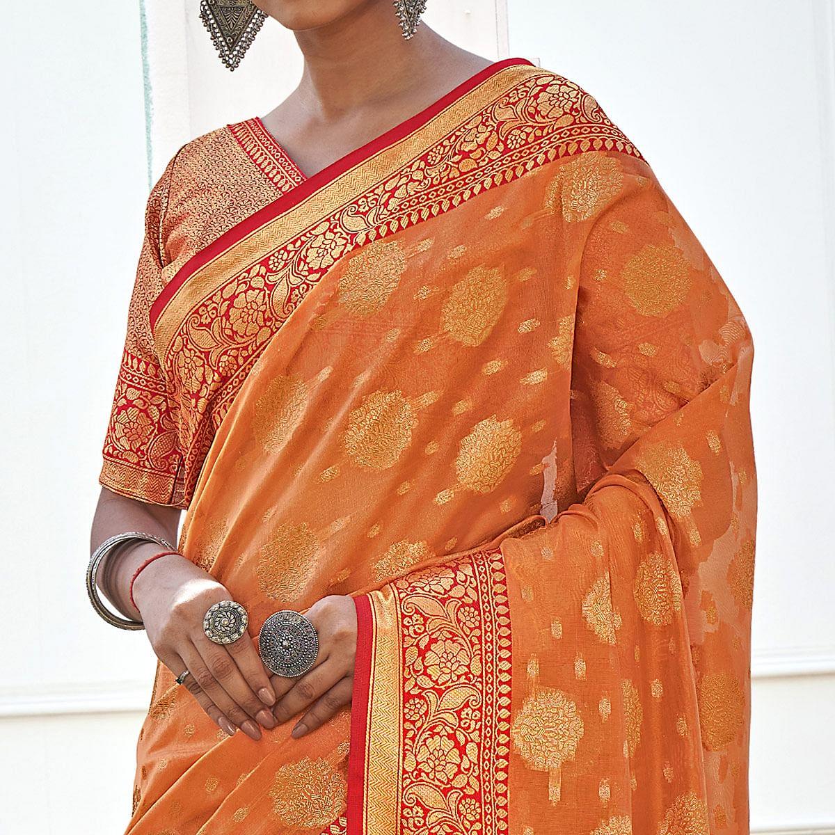 Orange Festive Wear Banarasi Woven Organza Saree With Tassels - Peachmode