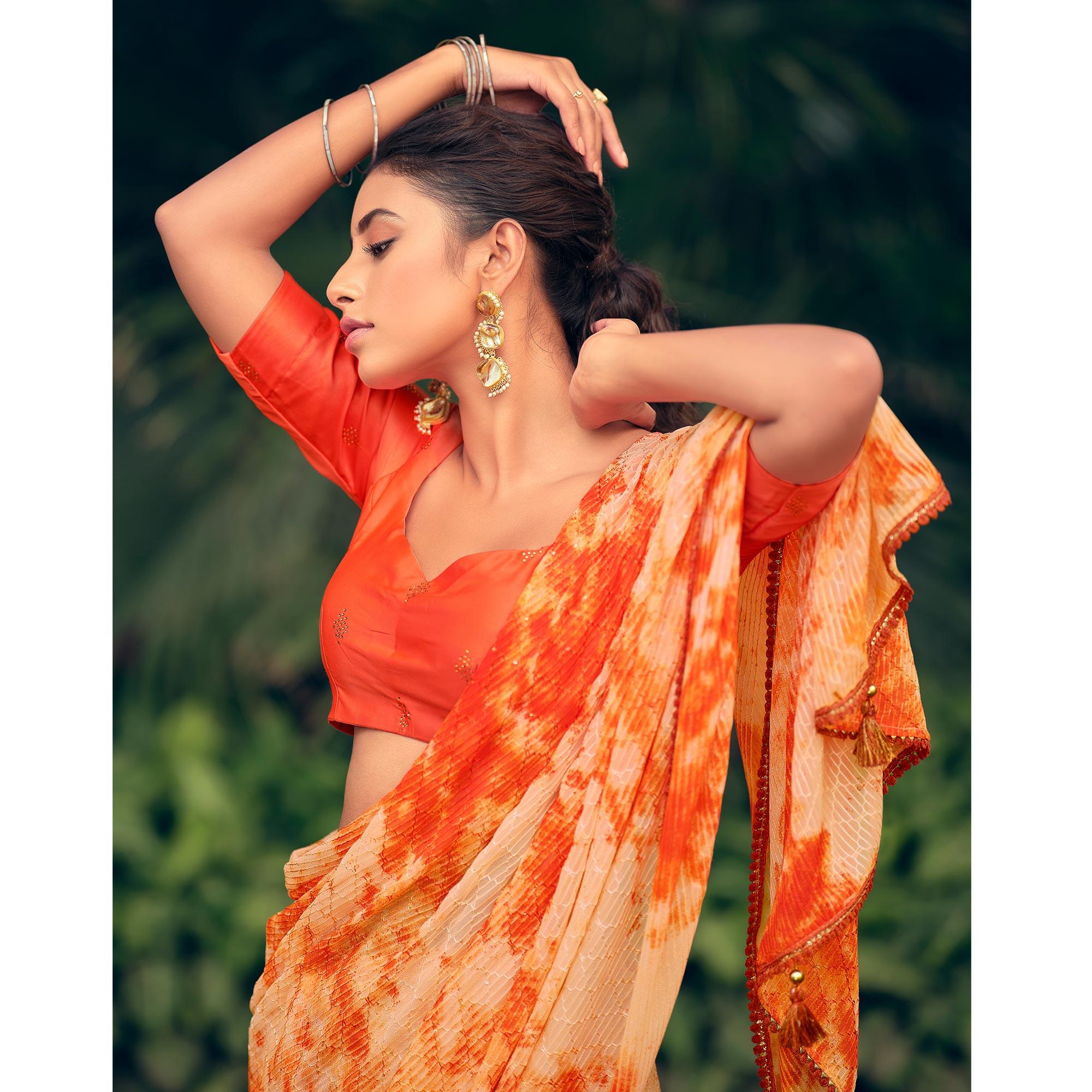 Orange Festive Wear Crochet Work Georgette Saree - Peachmode