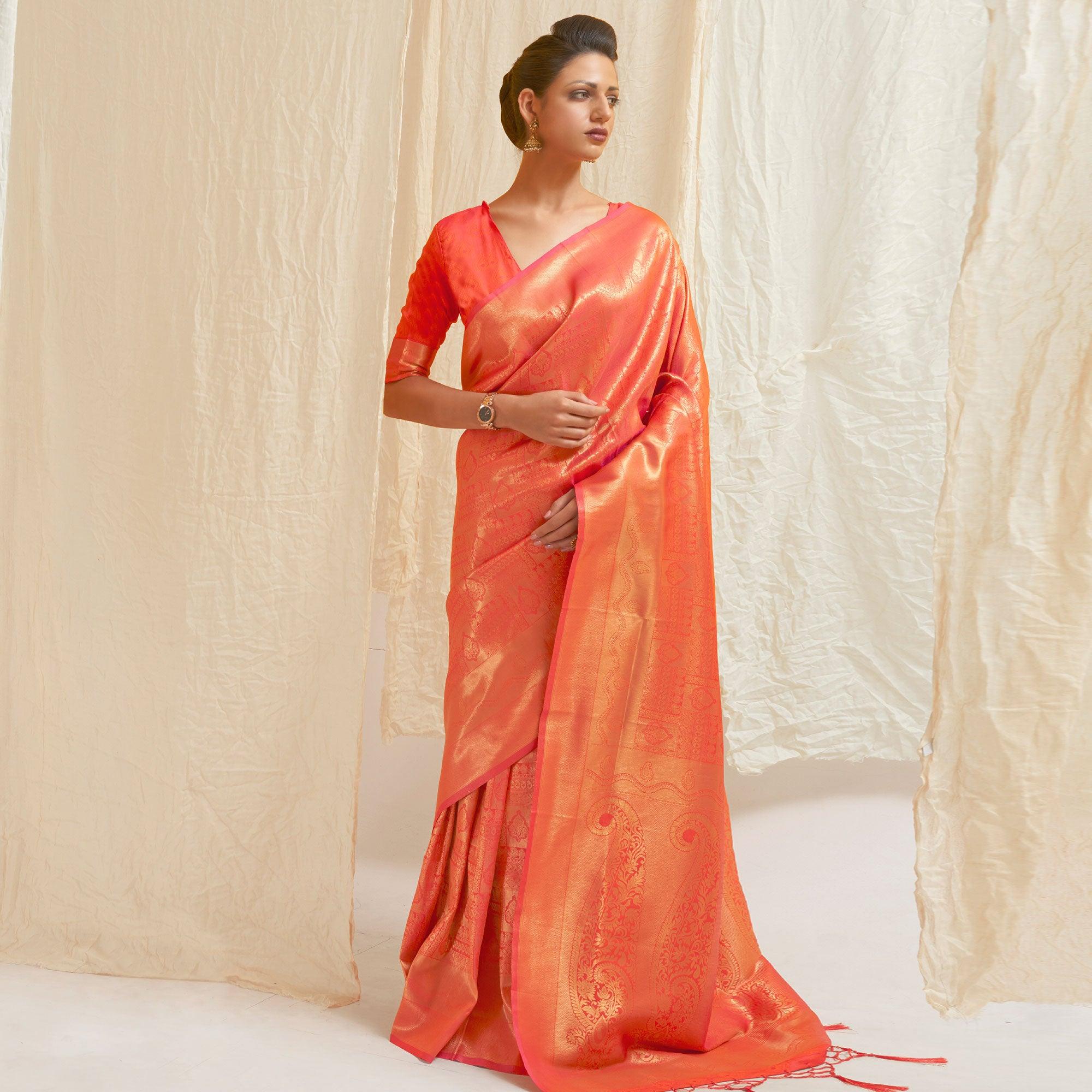 Orange Festive Wear Designer Woven Silk Saree - Peachmode