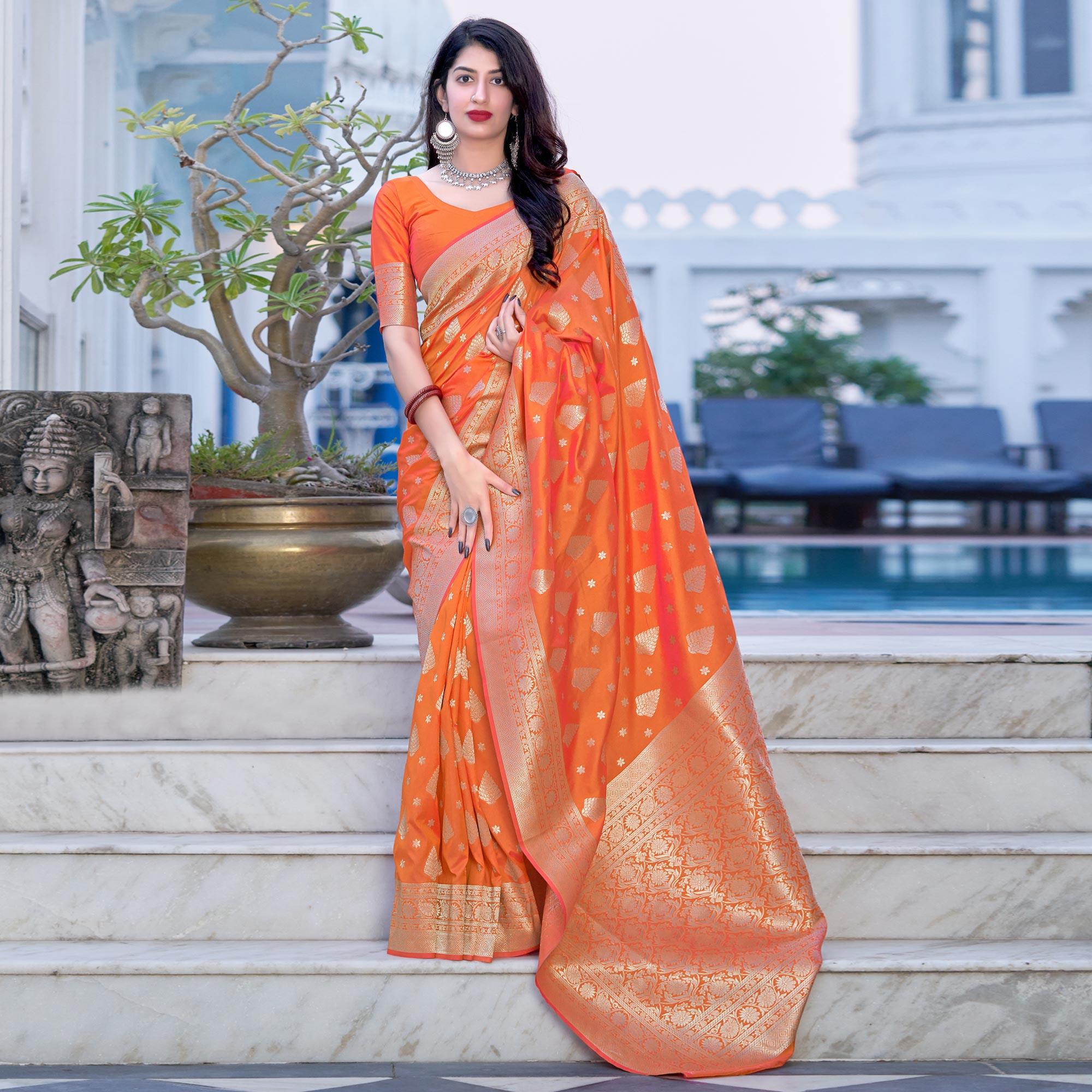 Orange Festive Wear Designer Woven Silk Saree - Peachmode