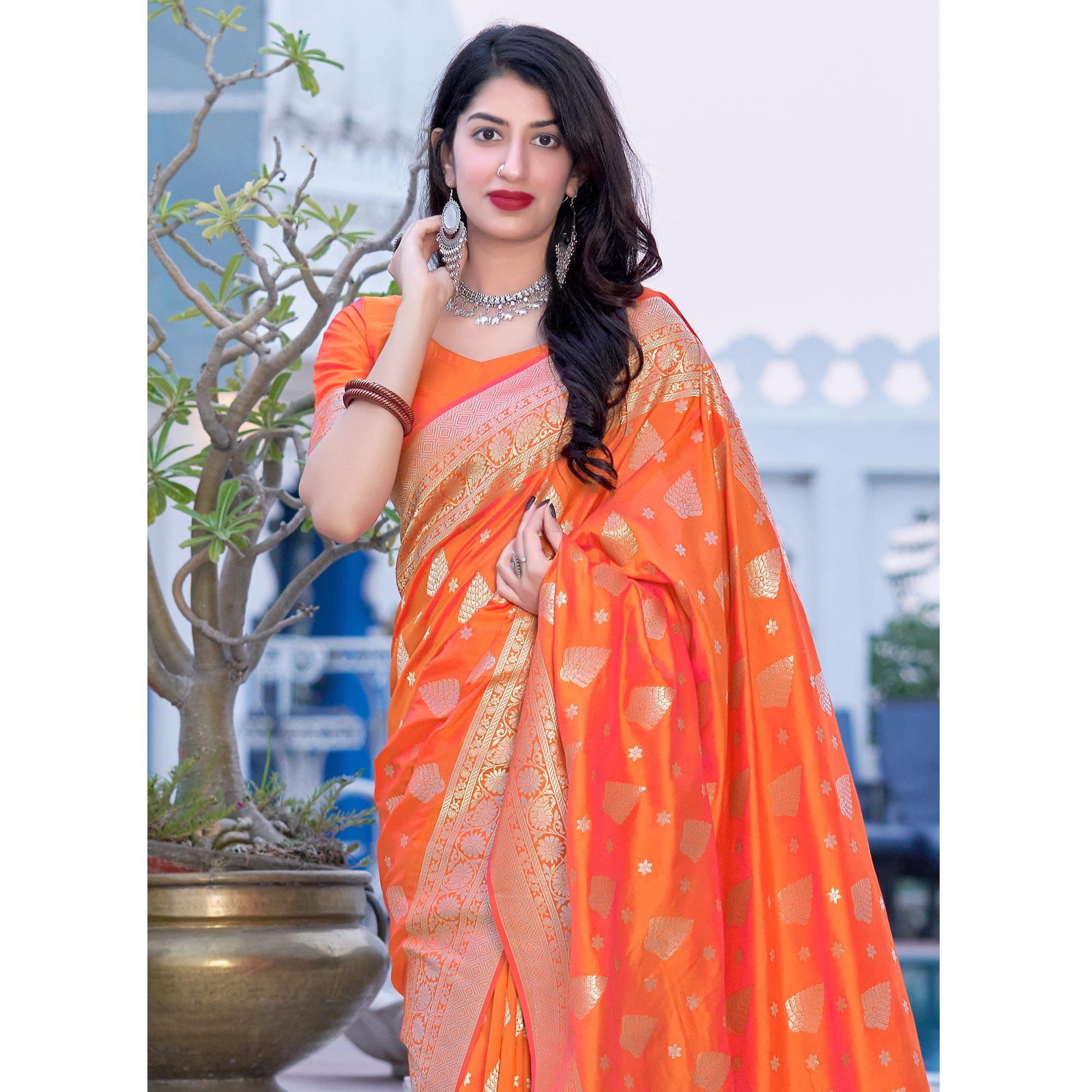 Orange Festive Wear Designer Woven Silk Saree - Peachmode