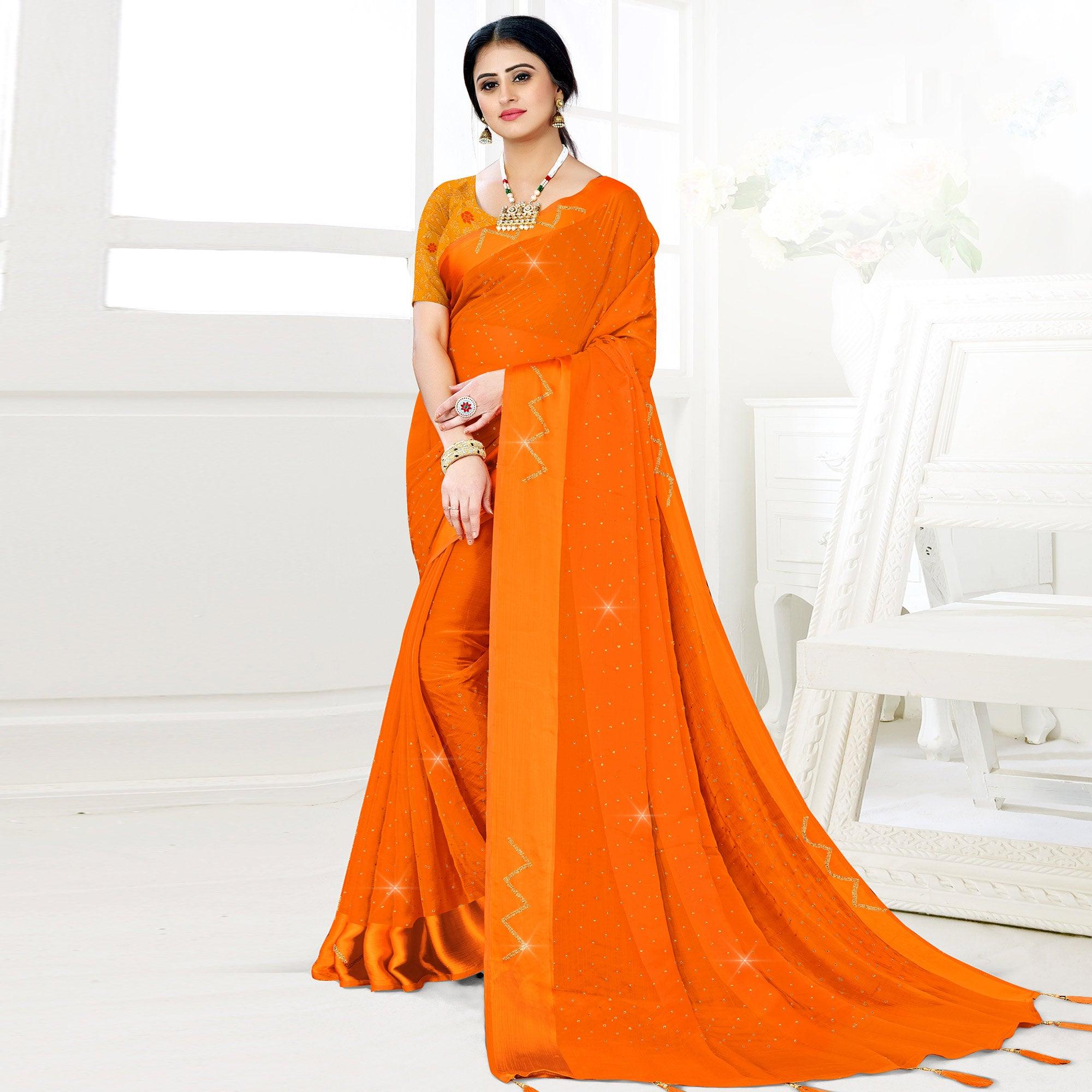Orange Festive Wear Diamond And Swarovski Soft Chiffon-Satin Saree - Peachmode